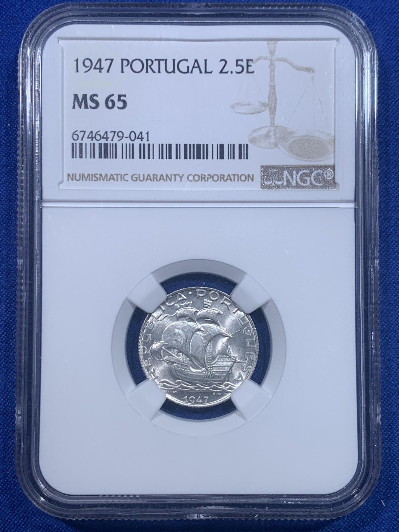 《竞宝斋》第277场- 周日，周一 2场连拍 （全场包邮） NGC MS65 葡萄牙1947年帆船2.5埃斯库多银币