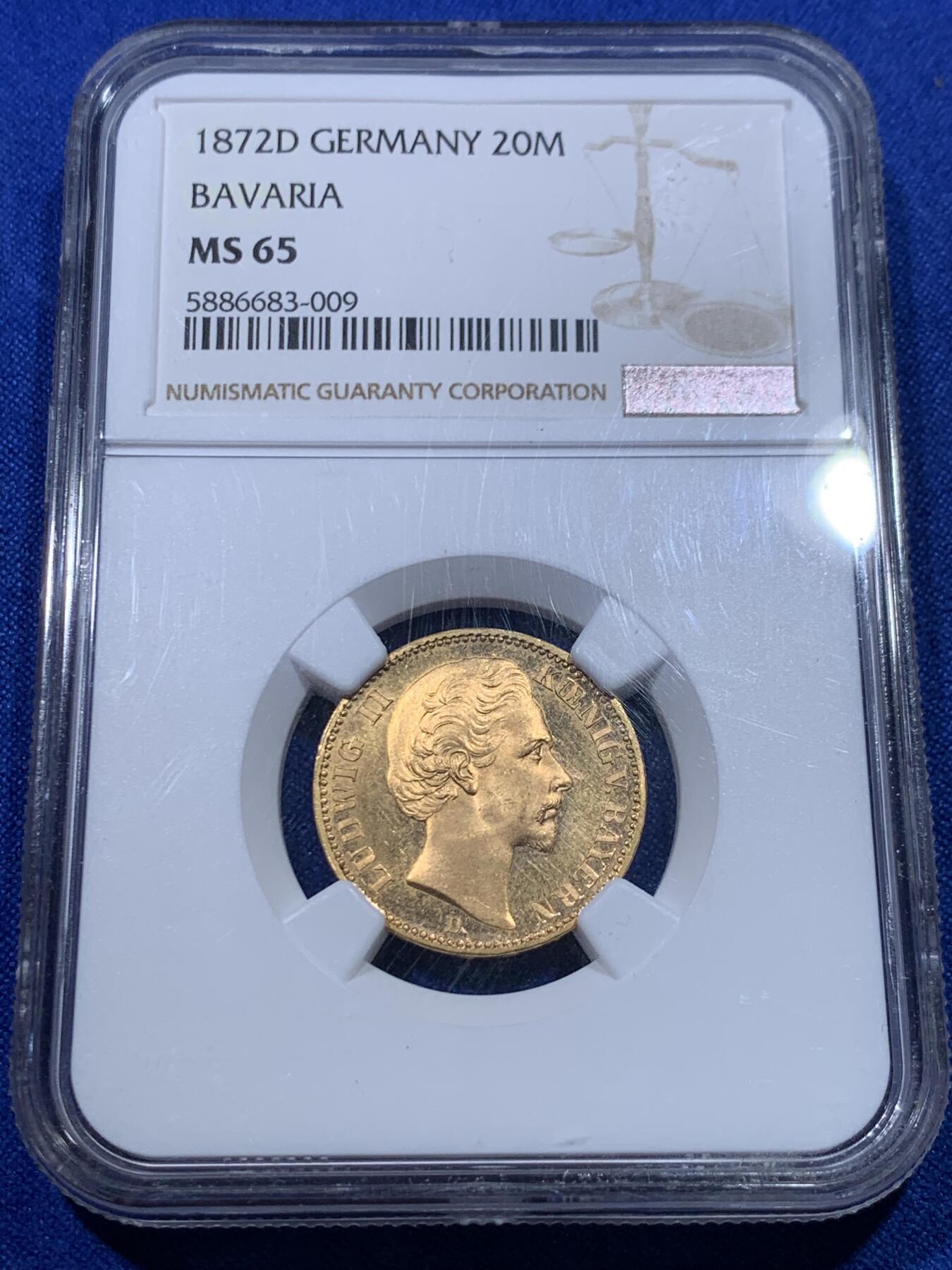 《竞宝斋》第277场- 周日，周一 2场连拍 （全场包邮） 亚军分  NGC MS65 德国 1872 巴伐利亚路德维希二世短翅20马克金币 发行量比1873少了将近一半  流通短翅金马克 中难点
