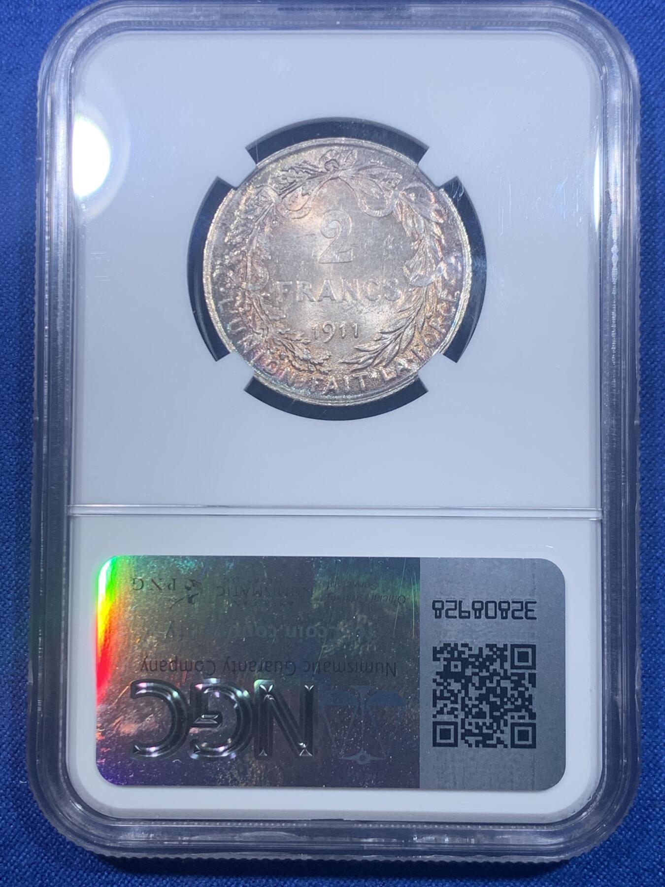 《竞宝斋》第277场- 周日，周一 2场连拍 （全场包邮） NGC MS63 比利时1911年阿尔贝托国王2法郎银币