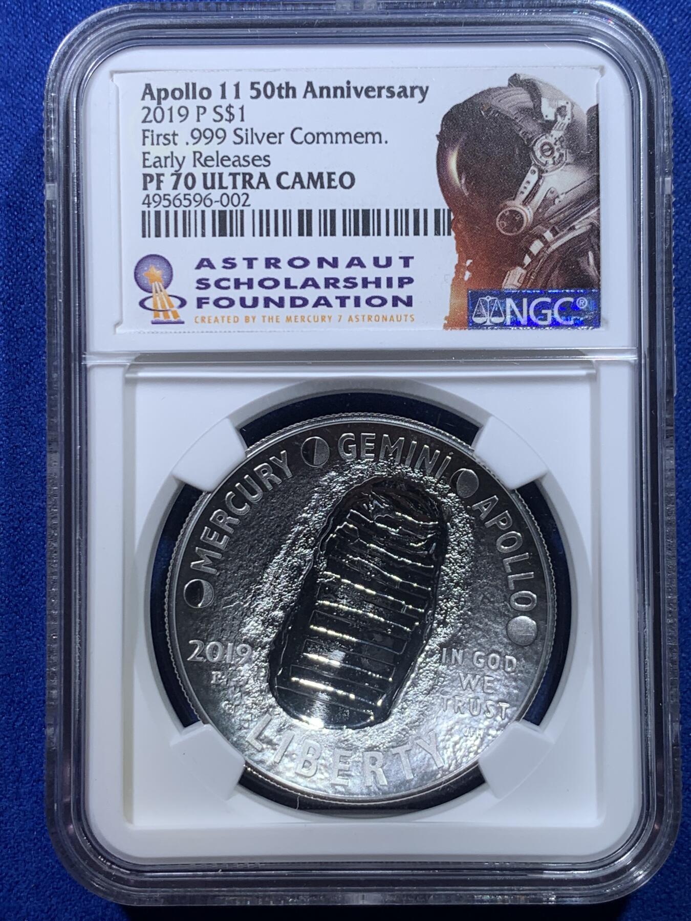 《竞宝斋》第277场- 周日，周一 2场连拍 （全场包邮） 首期NGC PF70UC 美国2019年阿波罗11号登月50周年精制银币 2021年度克劳斯世界硬币大奖赛之年度最佳时事币 限量不可多得 精制币 26.73克 999银 38.1mm
