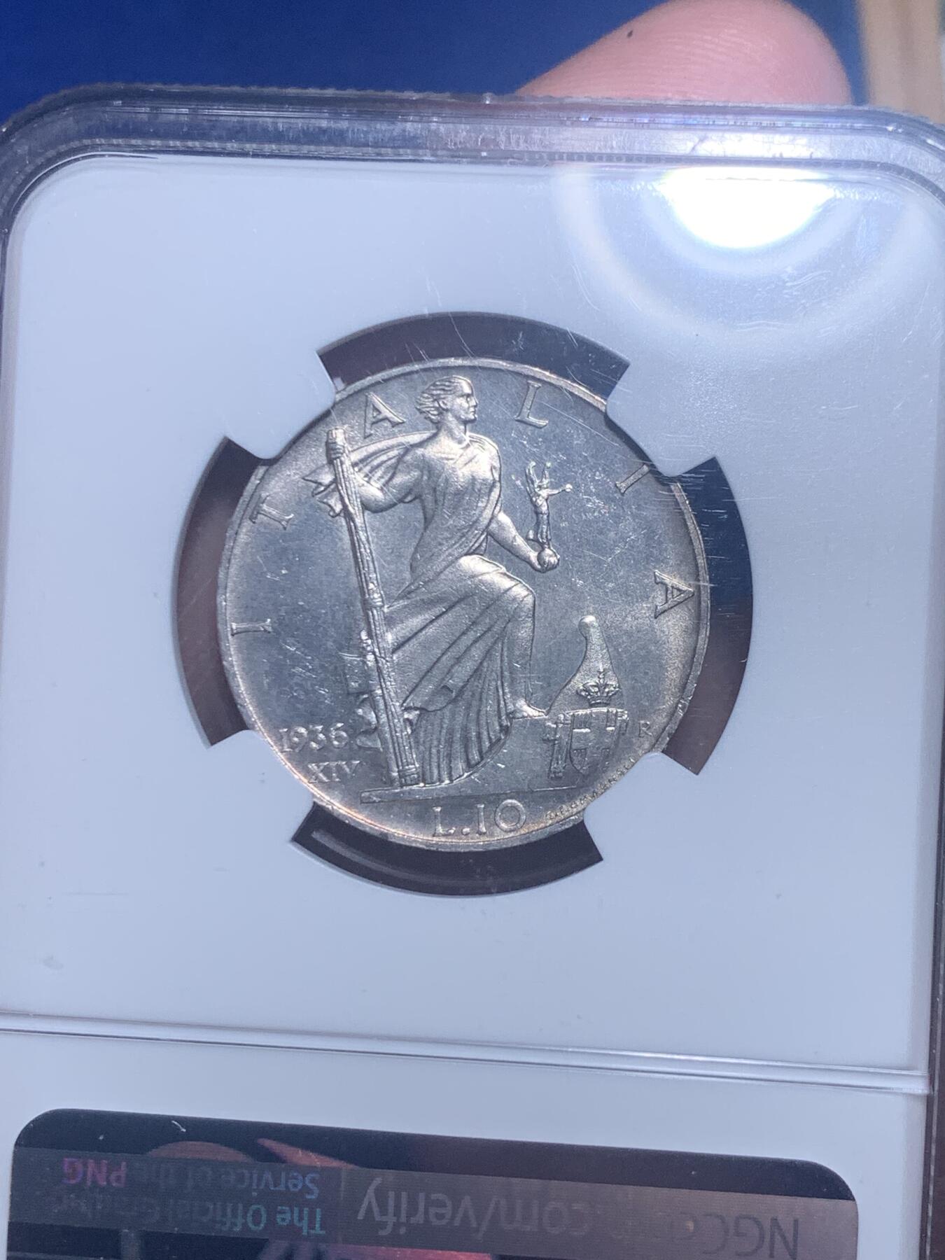 《竞宝斋》第277场- 周日，周一 2场连拍 （全场包邮） NGC MS62 意大利1936年10里拉银币 状态不错 低评