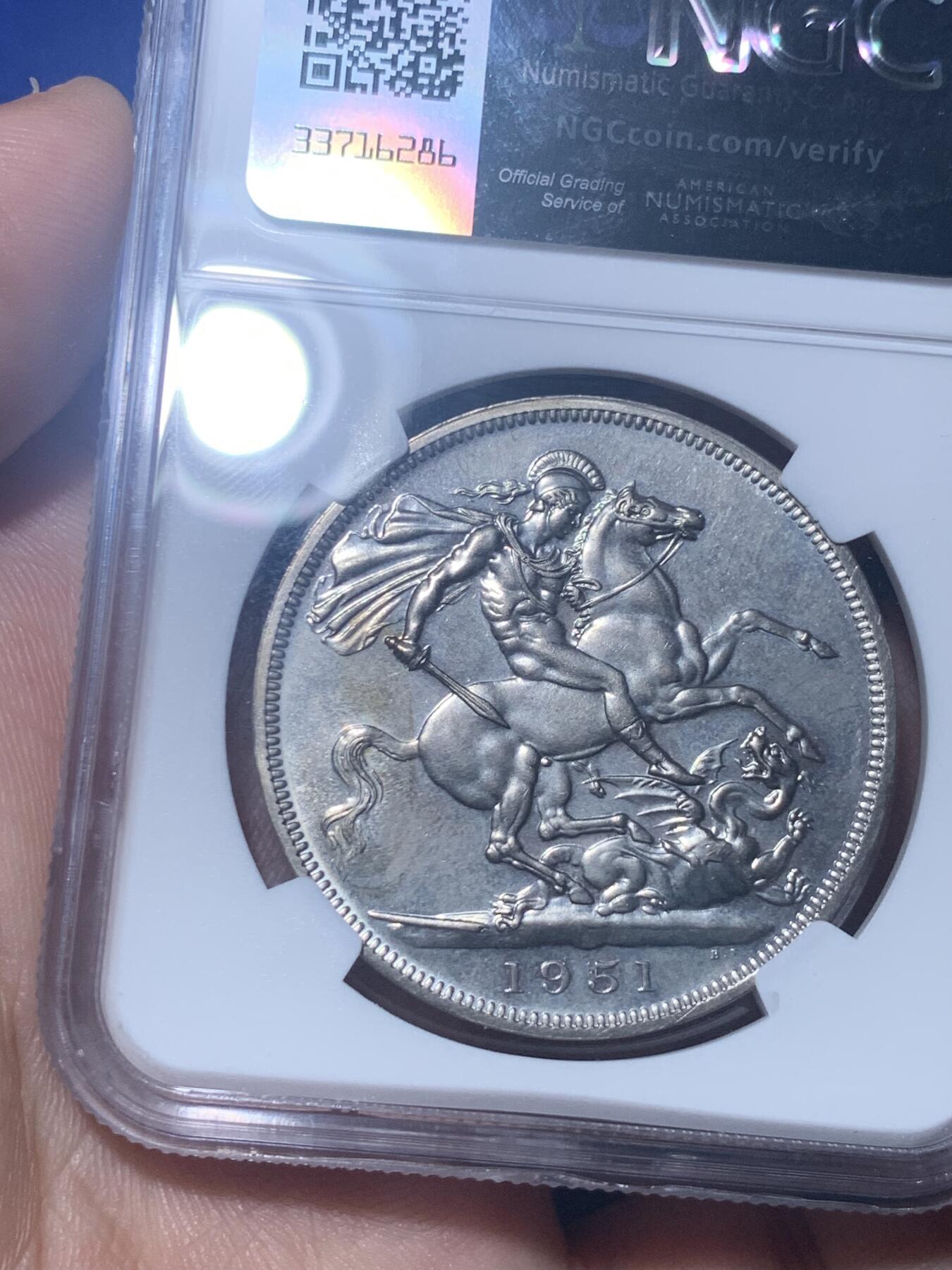 《竞宝斋》第277场- 周日，周一 2场连拍 （全场包邮） NGC PL64 英国1951年乔治六世克朗 最后的镍马剑