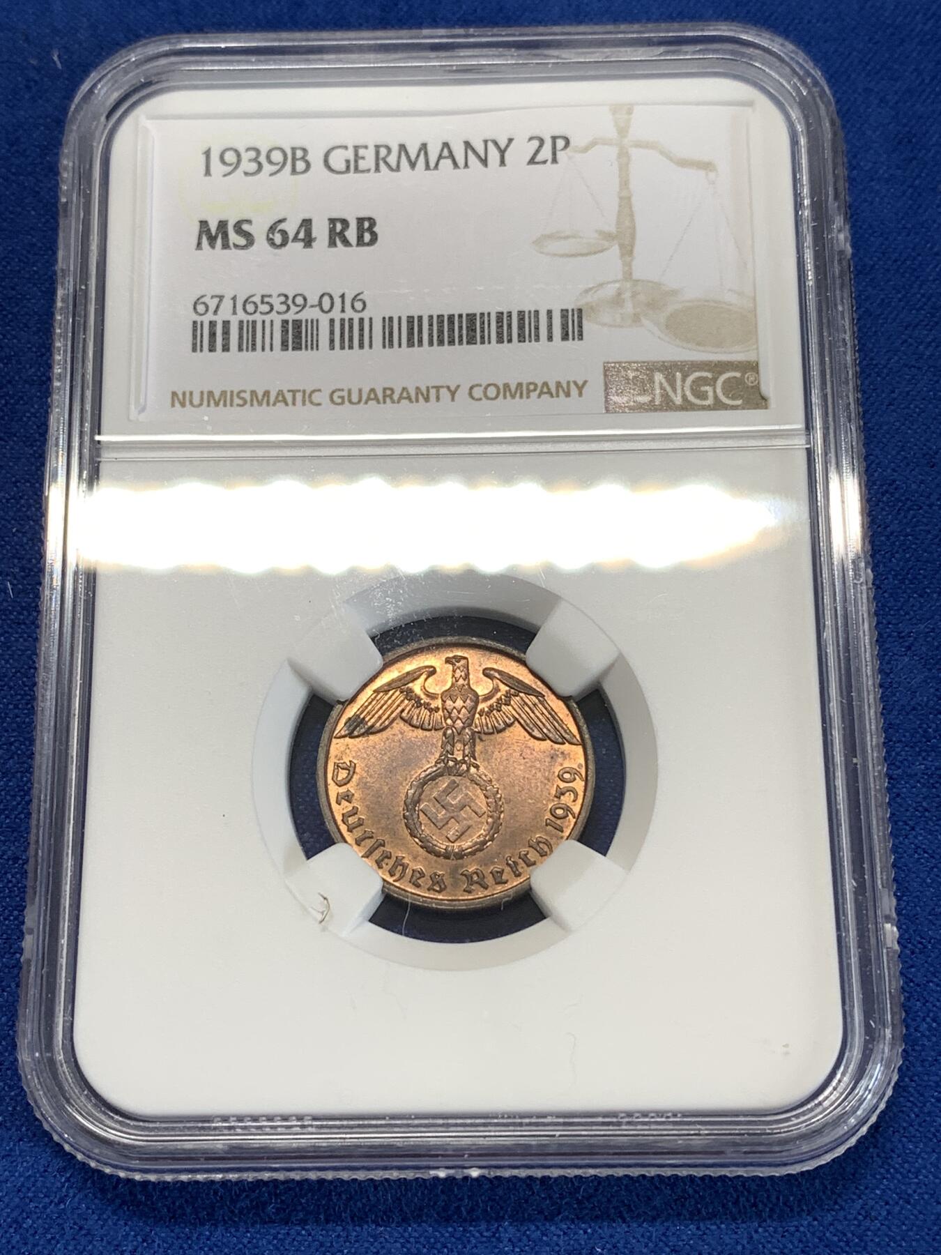 《竞宝斋》第277场- 周日，周一 2场连拍 （全场包邮） NGC MS64RB 1939B德意志第三帝国2芬尼铜币