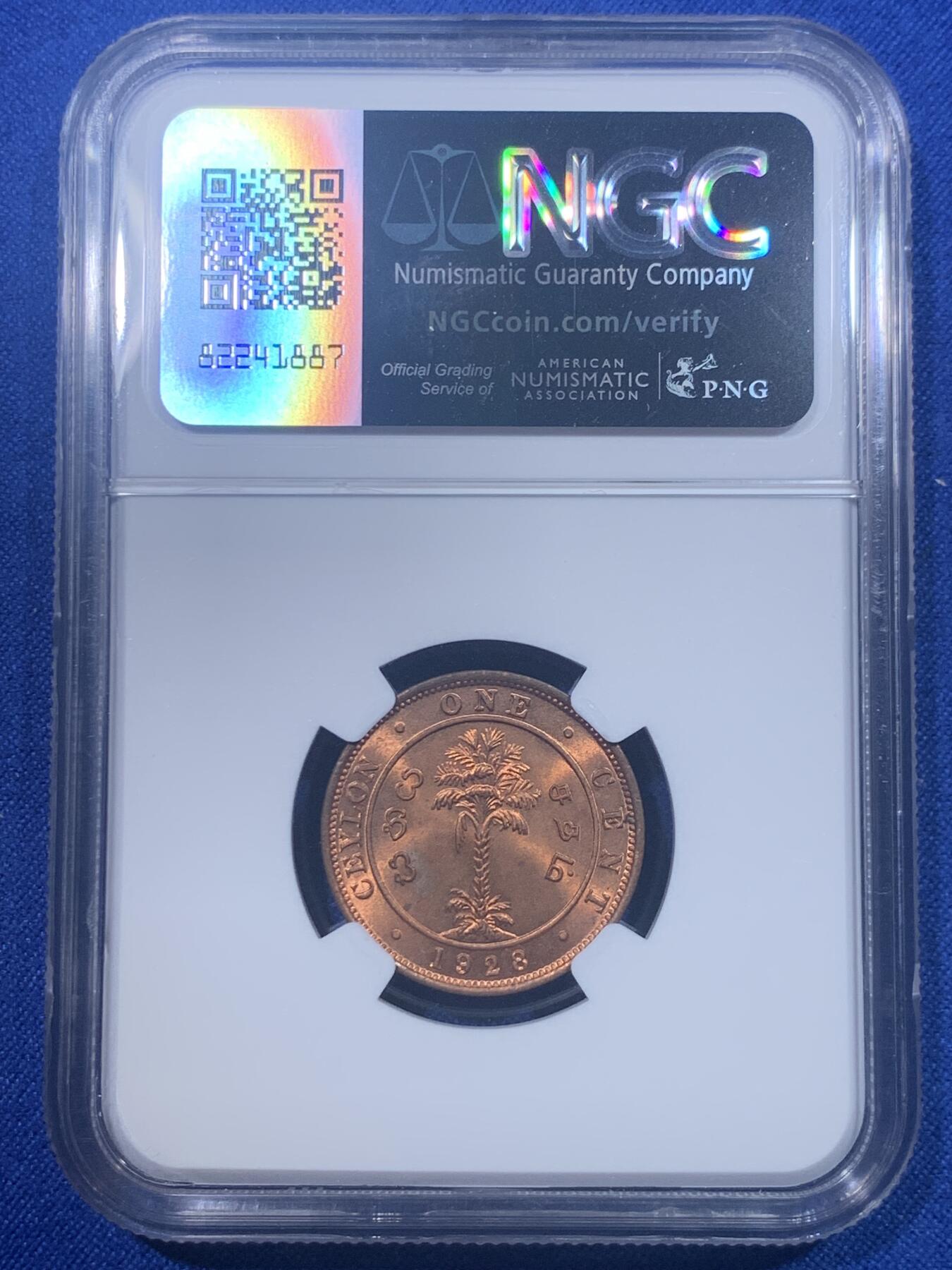 《竞宝斋》第277场- 周日，周一 2场连拍 （全场包邮） NGC MS65RB 英属锡兰1928年乔治五世1分铜币 冠军分