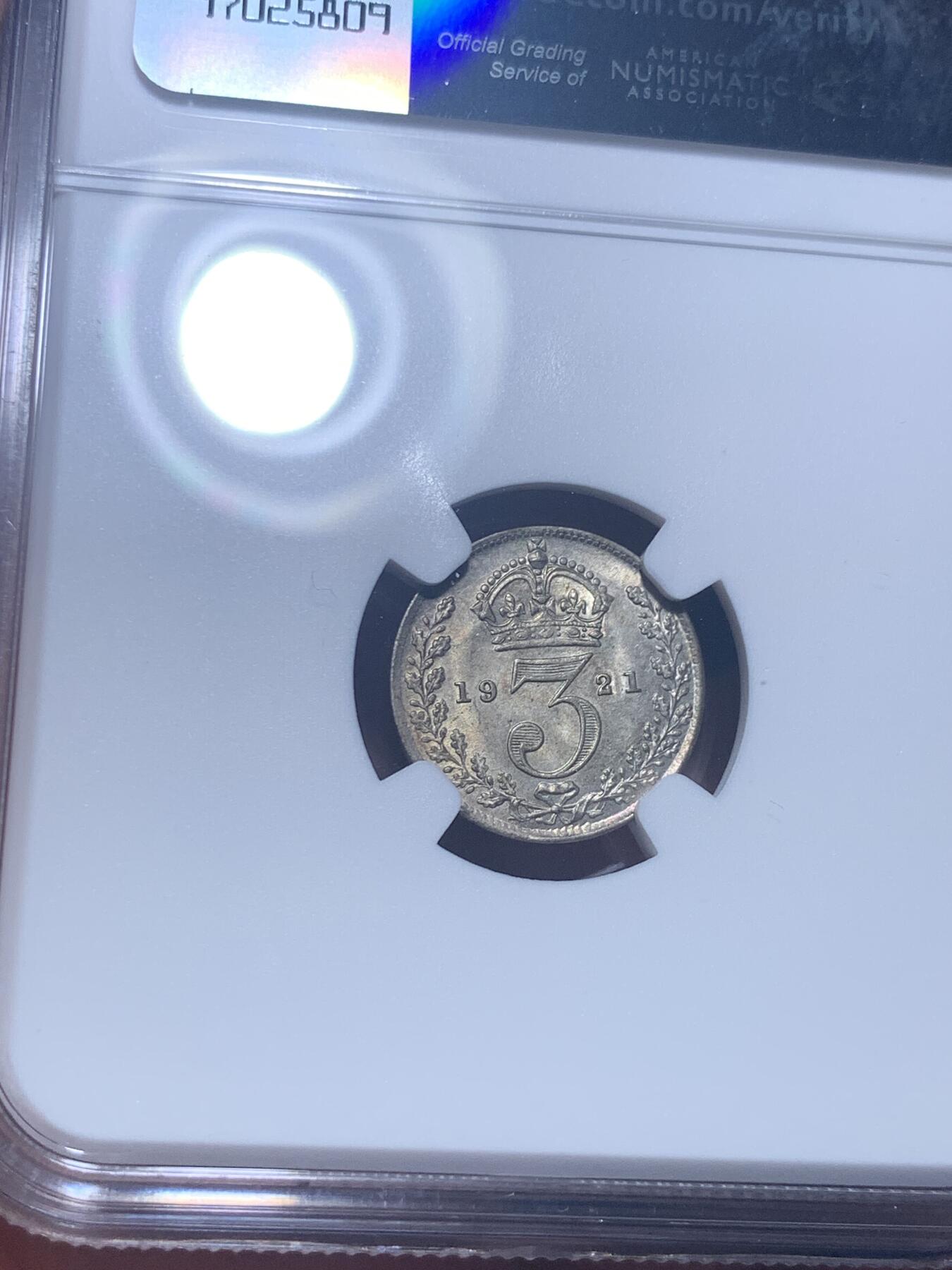 《竞宝斋》第277场- 周日，周一 2场连拍 （全场包邮） NGC MS65 英国1921年乔治五世3便士银币 亚军分 流通银币中的最小面值，作为日常流通中不可或缺的找零，保留着102年前刚从造币厂产出的品质，非常难得。