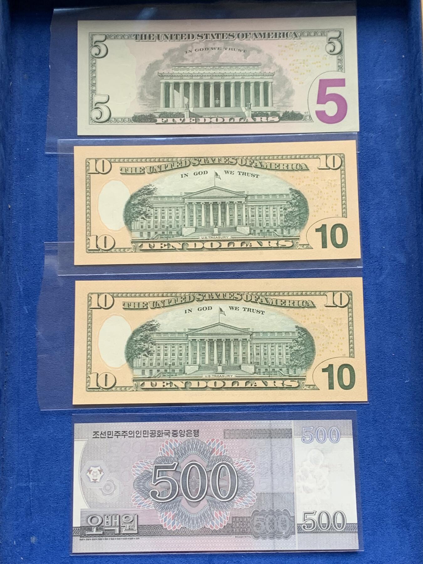 《竞宝斋》第277场- 周日，周一 2场连拍 （全场包邮） 4张1美元，1张5美元，2张10美元，赠1张朝鲜纸币 合计29美元 品相很好刀拆