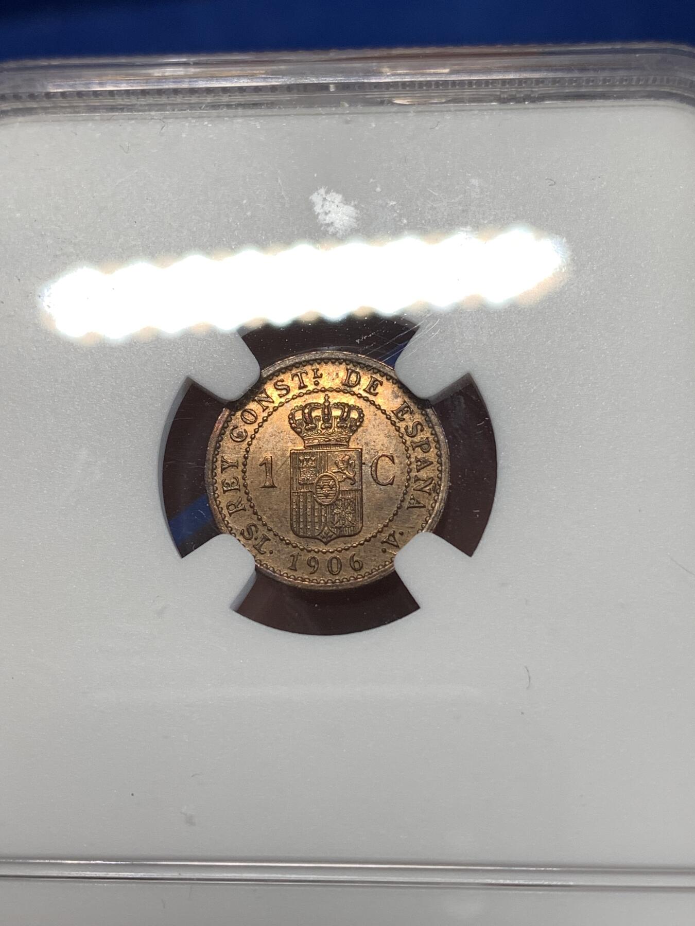 《竞宝斋》第277场- 周日，周一 2场连拍 （全场包邮） NGC UNCD 西班牙1906阿方索十三世1分铜币