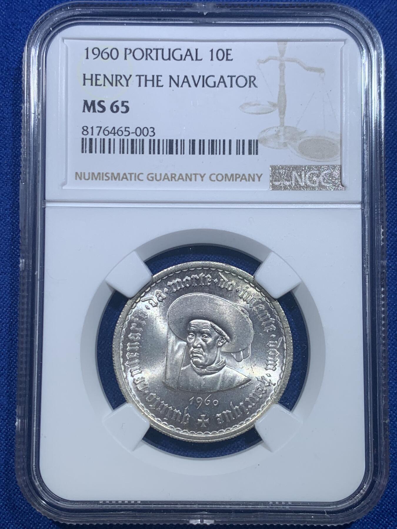 《竞宝斋》第277场- 周日，周一 2场连拍 （全场包邮） NGC MS65 葡萄牙1960年亨利王子500周年10埃斯库多银币