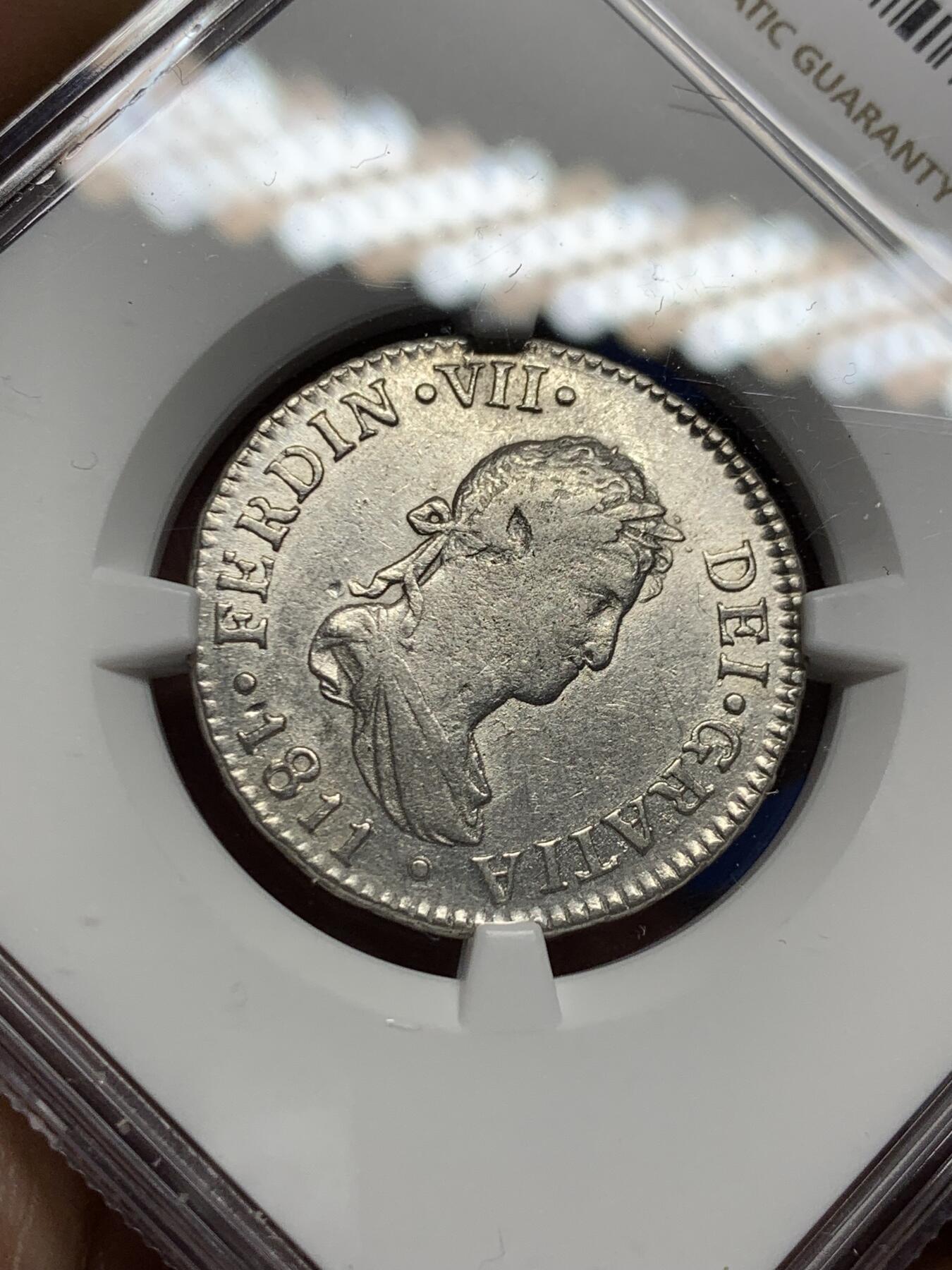 《竞宝斋》第277场- 周日，周一 2场连拍 （全场包邮） NGC AUD 西班牙1811斐迪南七世2雷亚尔银币