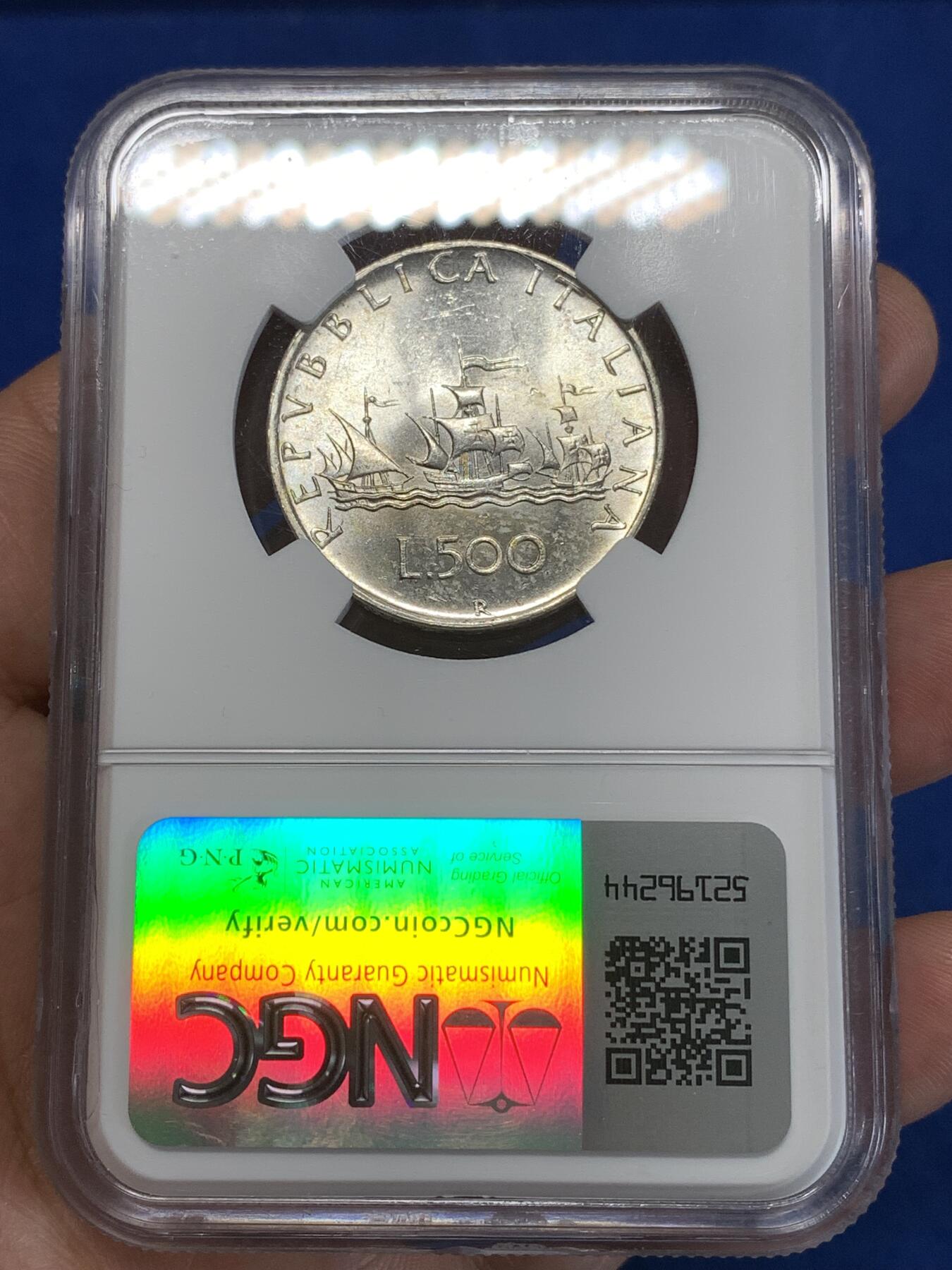 《竞宝斋》第277场- 周日，周一 2场连拍 （全场包邮） NGC MS63 意大利帆船少女1960年500里拉银币