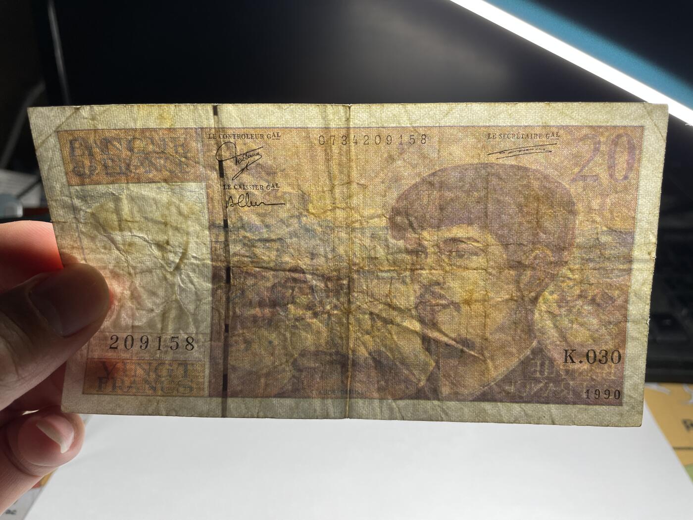 2024年集古藏今外币拍卖第八期-第10场—（总第80拍）-纸币专场，本场拍完结算发货，本期寄存的2-3天内完成发货，再进行下一期拍卖。 1990年法国20法郎