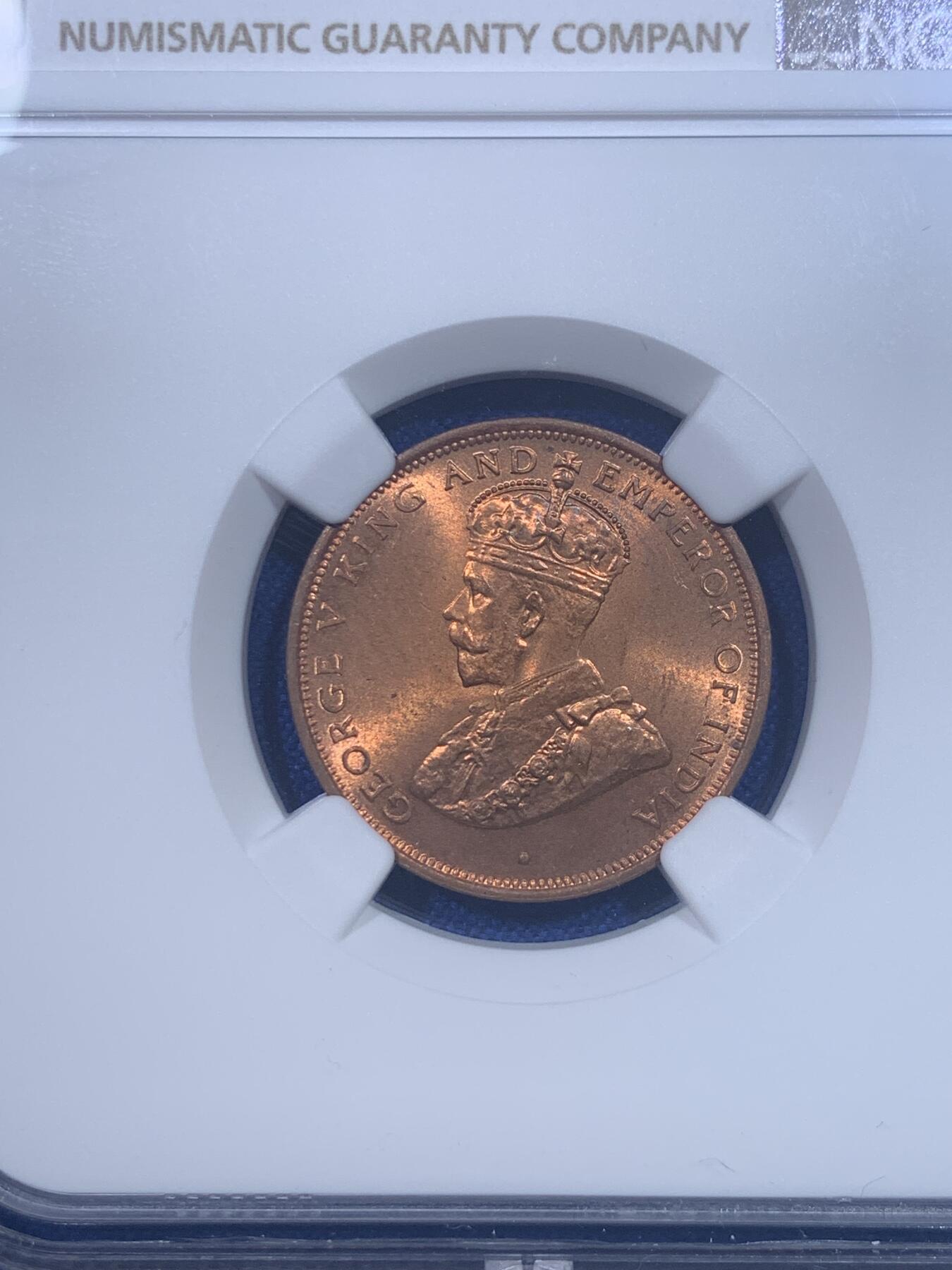 《竞宝斋》第277场- 周日，周一 2场连拍 （全场包邮） NGC MS65RB 英属锡兰1928年乔治五世1分铜币 冠军分