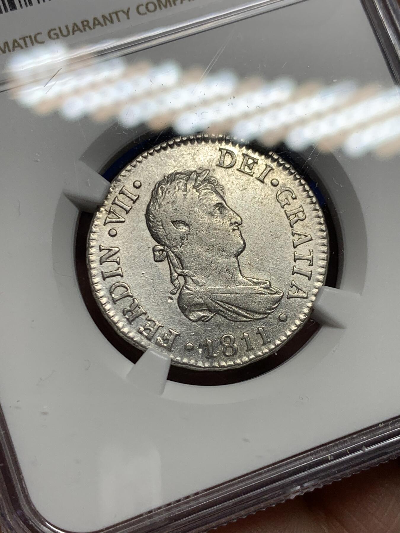 《竞宝斋》第277场- 周日，周一 2场连拍 （全场包邮） NGC AUD 西班牙1811斐迪南七世2雷亚尔银币