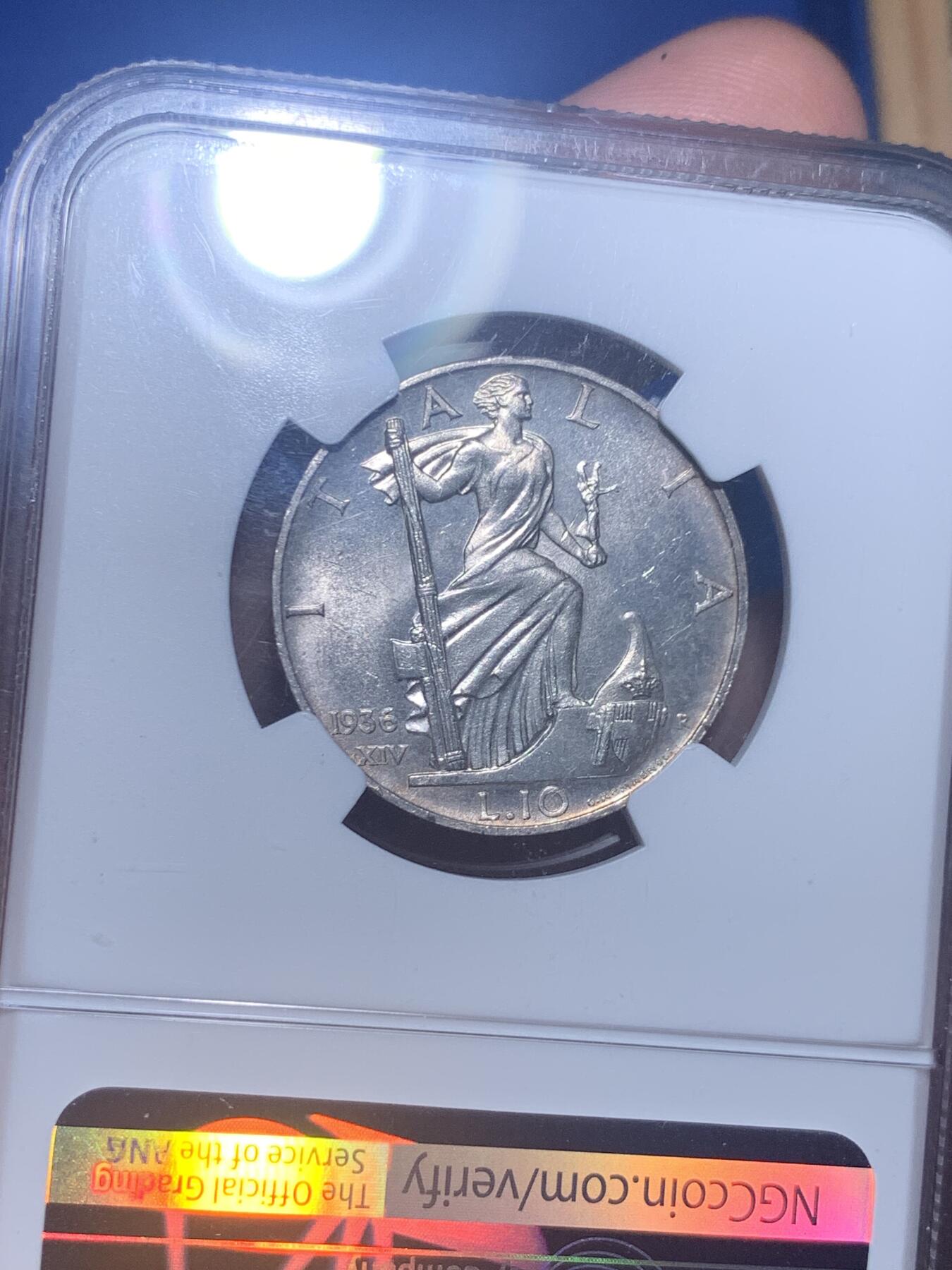 《竞宝斋》第277场- 周日，周一 2场连拍 （全场包邮） NGC MS62 意大利1936年10里拉银币 状态不错 低评