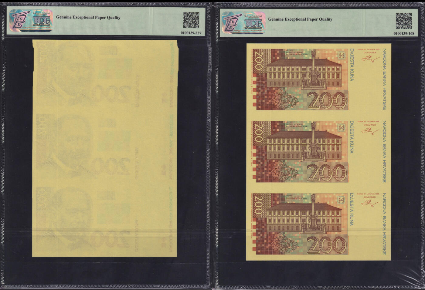 草稿银行第二十一期国外钞票硬币拍卖 克罗地亚1994年200库纳 捷德代印 三联体 印样 2张 TQG 66 68