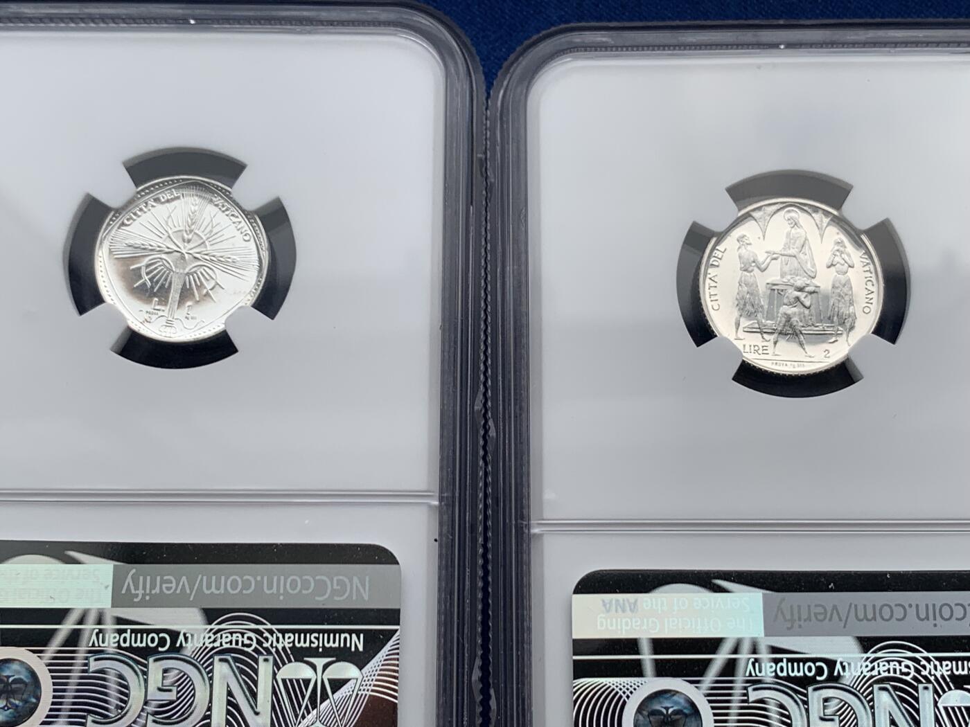 《竞宝斋》第277场- 周日，周一 2场连拍 （全场包邮） NGC PF65-67UC 梵蒂冈1968PROVA精制银样币 罗马造币厂，克书记载103套，实际难得一见。（2023年8月HA成交一套近似的1959年8枚套PROVA样币，成交价1920美金）。此套8枚全部评为深度镜面UC级，且全套冠军分，极品带原盒（有损）。附赠该样币对应的同年份BU级流通套（主币为银币），市场价值160元，相对少见。