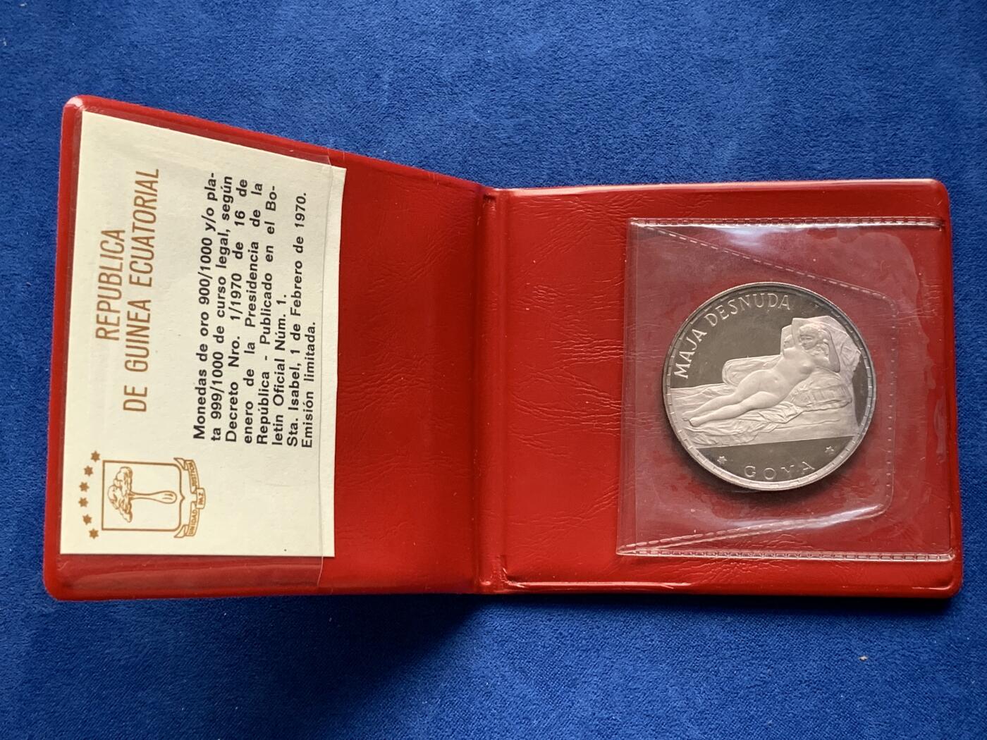 《竞宝斋》第277场- 周日，周一 2场连拍 （全场包邮） 赤道几内亚 1970年 100P 戈雅名画 裸女大银币 紫罗兰包浆+原包装