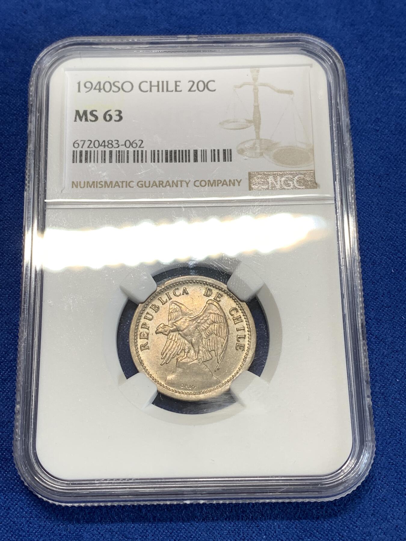 《竞宝斋》第277场- 周日，周一 2场连拍 （全场包邮） NGC MS63 1940智利20分 智利早期辅币挺少见的