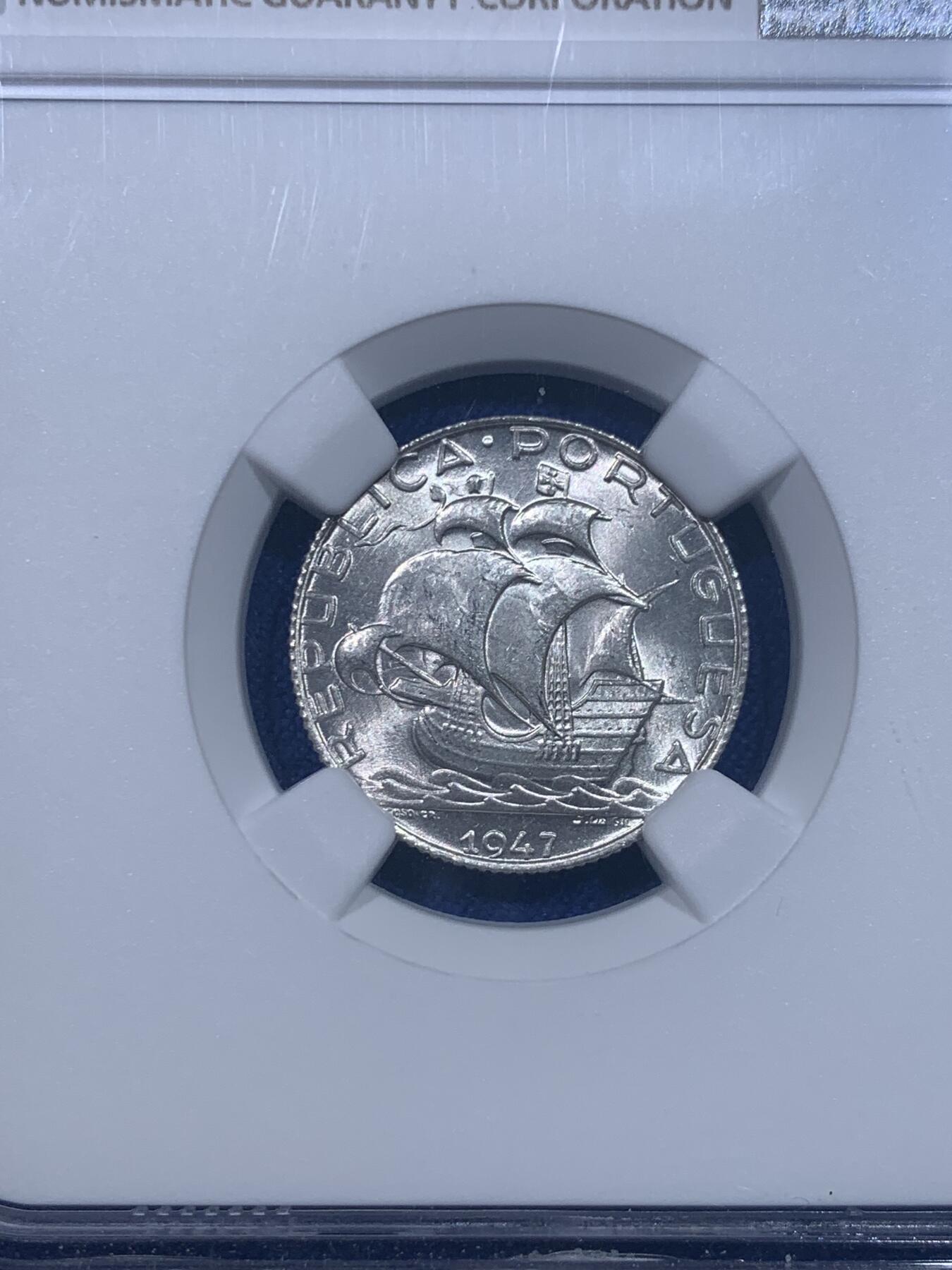 《竞宝斋》第277场- 周日，周一 2场连拍 （全场包邮） NGC MS65 葡萄牙1947年帆船2.5埃斯库多银币