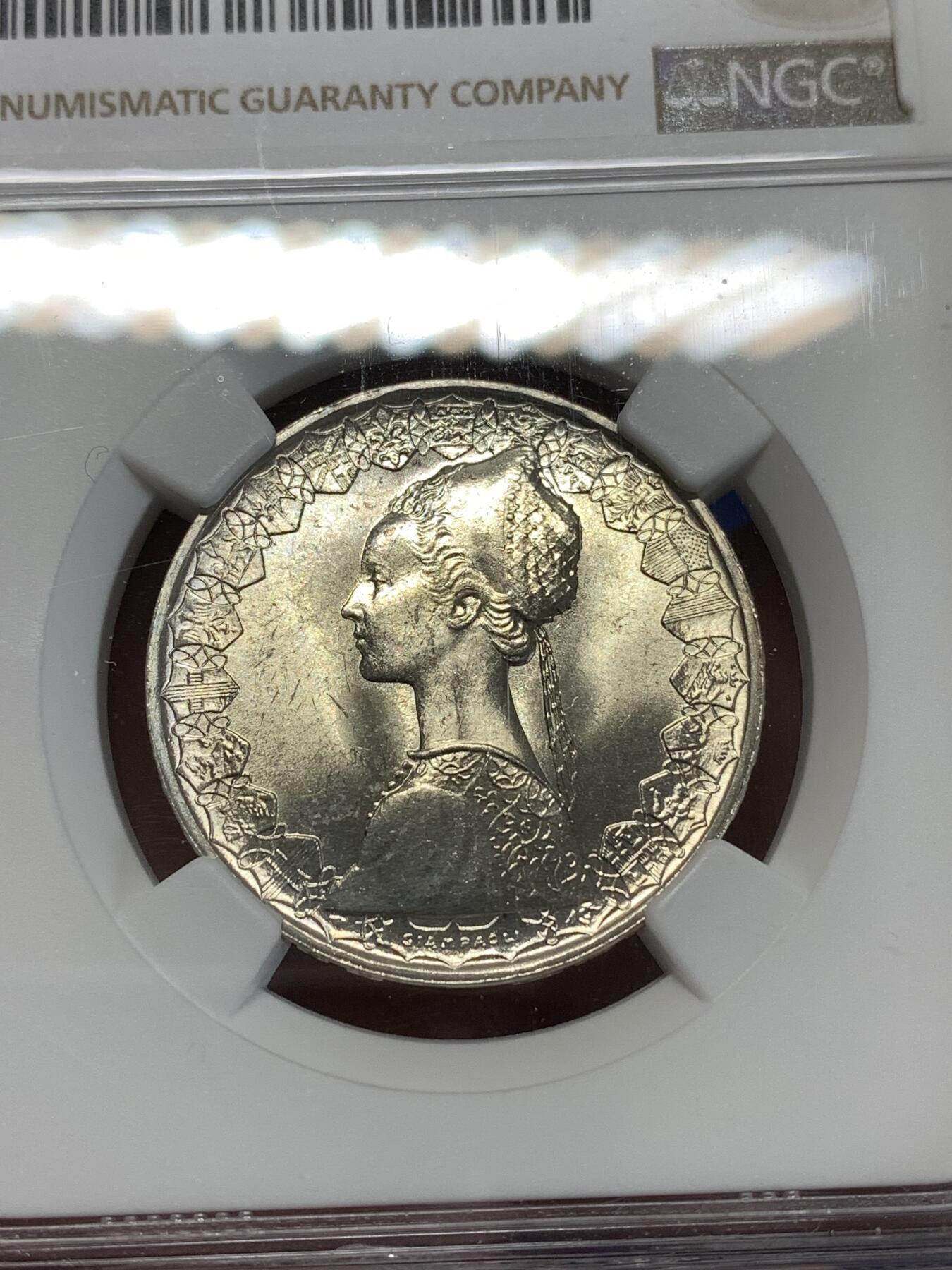 《竞宝斋》第277场- 周日，周一 2场连拍 （全场包邮） NGC MS63 意大利帆船少女1960年500里拉银币