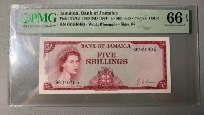 【Blue Auction】✨世界纸币精拍第489期【精】 - 牙买加 1960年5先令 女王 背面瀑布 风景唯美 PMG66EPQ