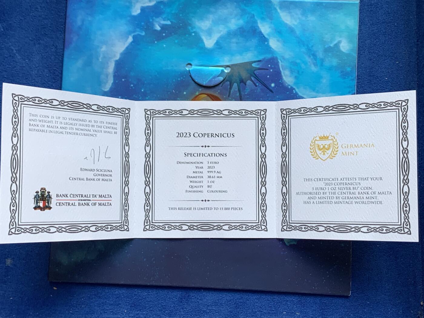 《竞宝斋》第277场- 周日，周一 2场连拍 （全场包邮） 马耳他2023年天文学家哥白尼诞辰550周年5欧彩银币 德国铸币厂代工 限量15000枚 卡册 精制币 1盎司 999银 38.61mm