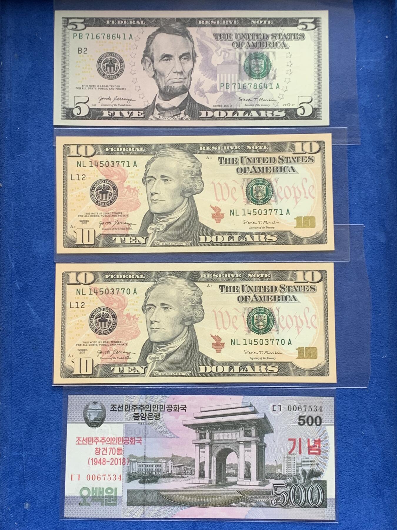 《竞宝斋》第277场- 周日，周一 2场连拍 （全场包邮） 4张1美元，1张5美元，2张10美元，赠1张朝鲜纸币 合计29美元 品相很好刀拆