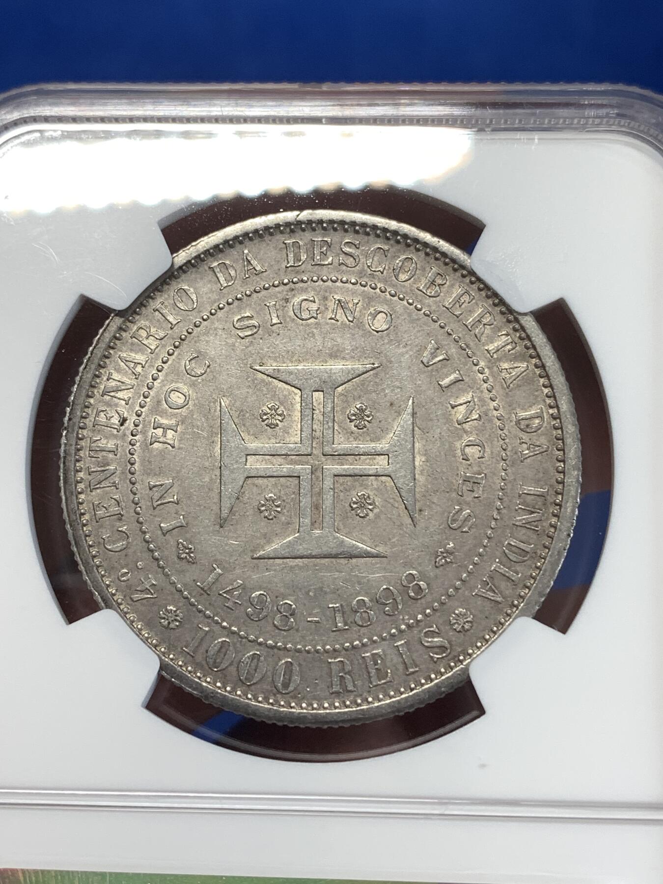 《竞宝斋》第277场- 周日，周一 2场连拍 （全场包邮） NGC AU53 葡萄牙1898年发现印度戎装版1000瑞斯银币