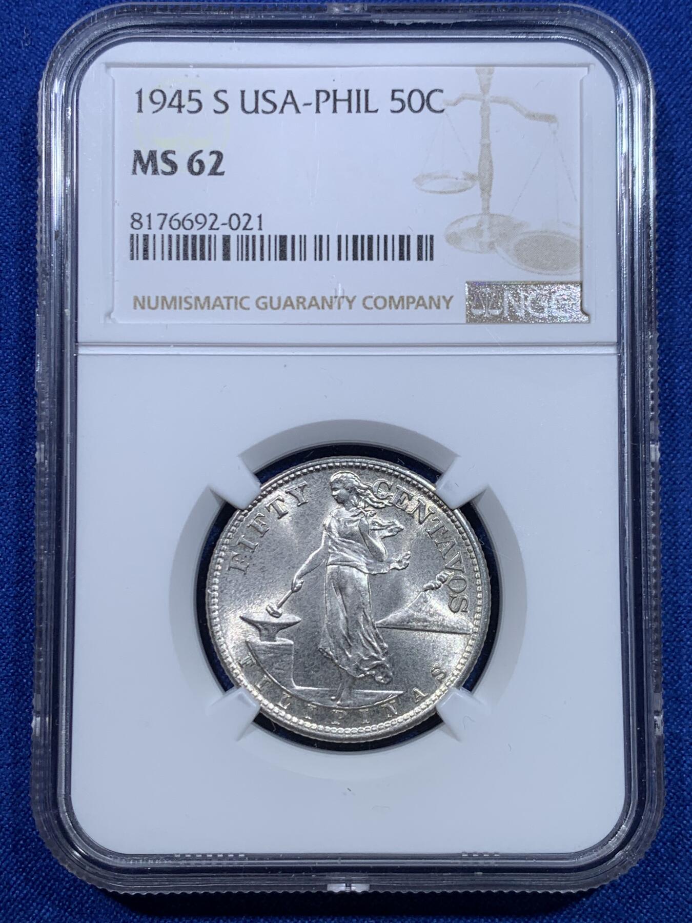 《竞宝斋》第277场- 周日，周一 2场连拍 （全场包邮） NGC MS62 菲律宾1945年S版50分打铁女神银币