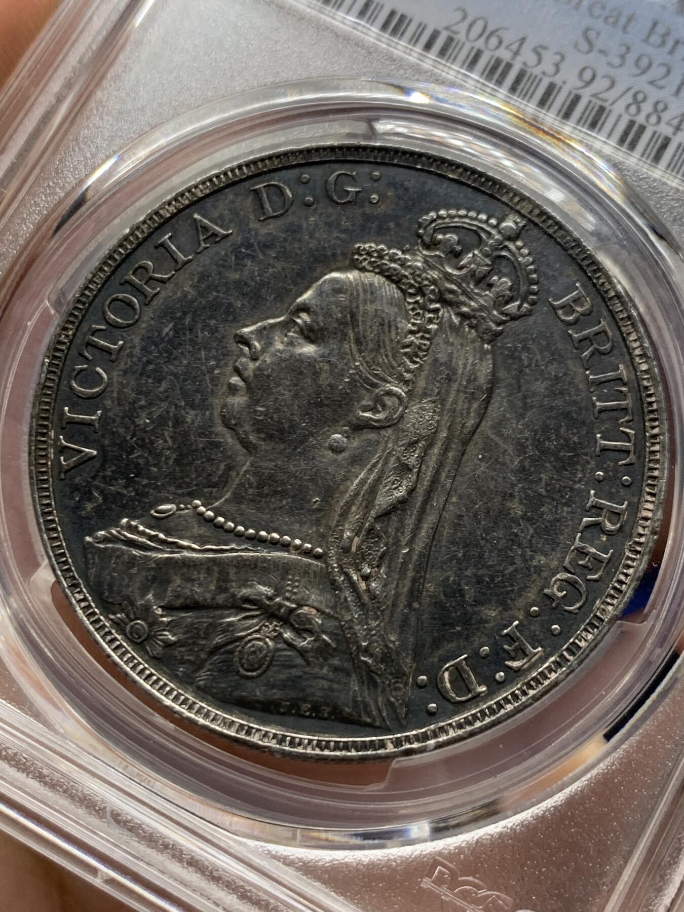 《竞宝斋》第277场- 周日，周一 2场连拍 （全场包邮） PCGS AUD 英国1889年披纱马剑克朗银币 双面深包浆