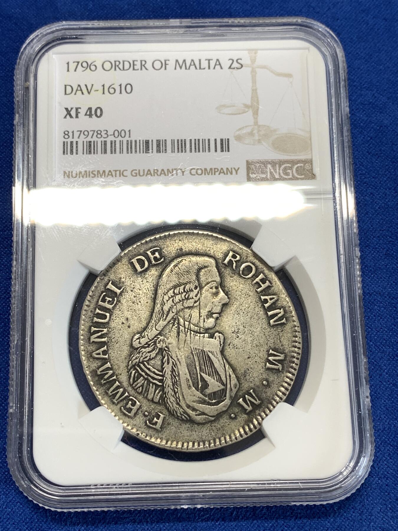 《竞宝斋》第277场- 周日，周一 2场连拍 （全场包邮） NGC XF40 马耳他骑士团1796年 2scuid银币 币面包浆醇厚 历史感十足 很少见的品种