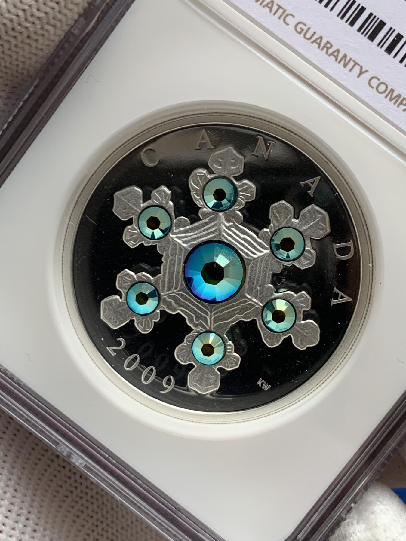 《竞宝斋》第277场- 周日，周一 2场连拍 （全场包邮） NGC PF69UC 加拿大2009年雪花镶嵌币 20加元纪念银币 2011年度克劳斯世界硬币大奖赛之年度最佳银币奖 限量不可多得 带盒 精制币 31.39克 999银 38mm