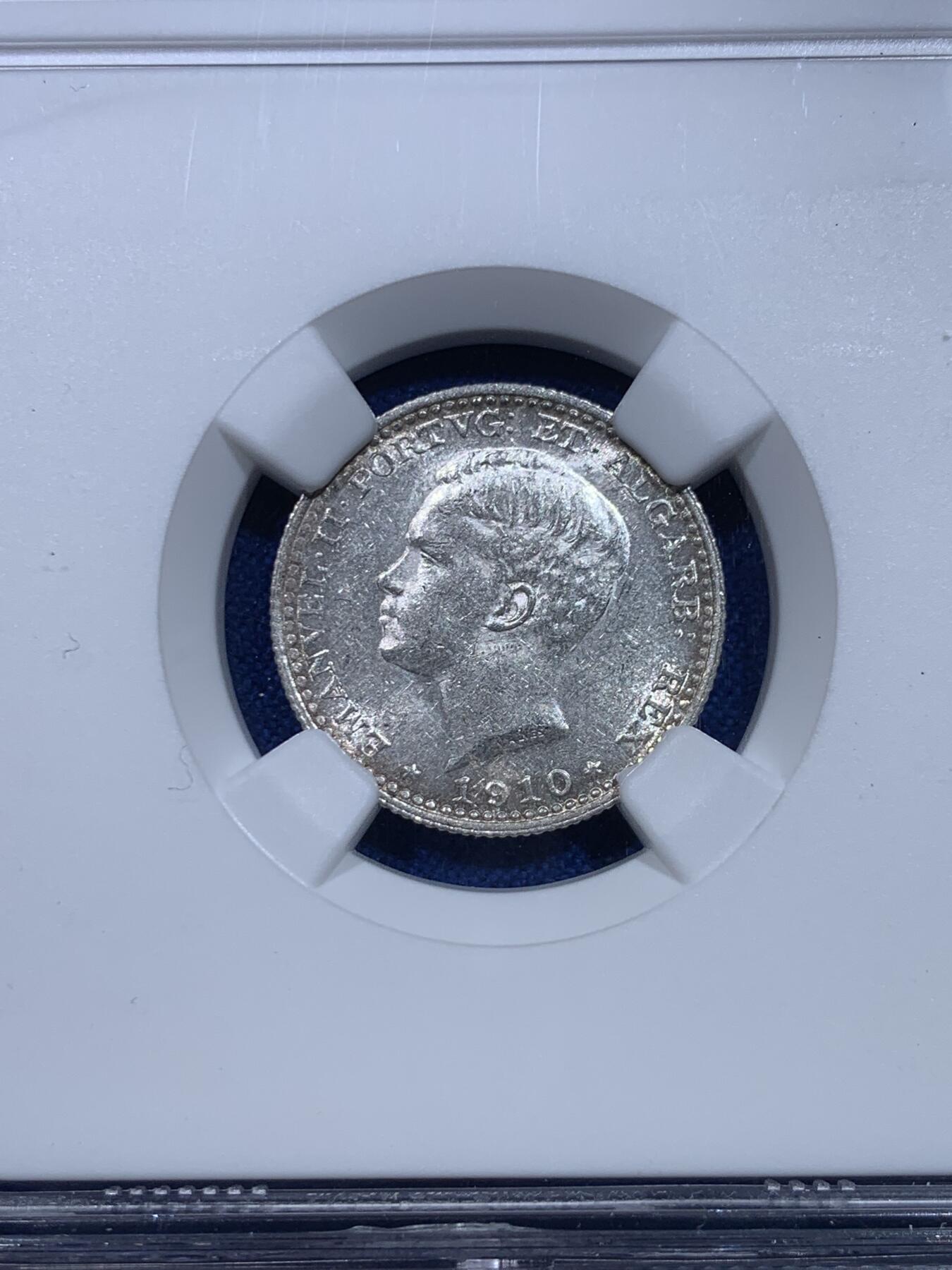 《竞宝斋》第277场- 周日，周一 2场连拍 （全场包邮） NGC MS62 葡萄牙1910年曼努埃尔二世100瑞斯银币