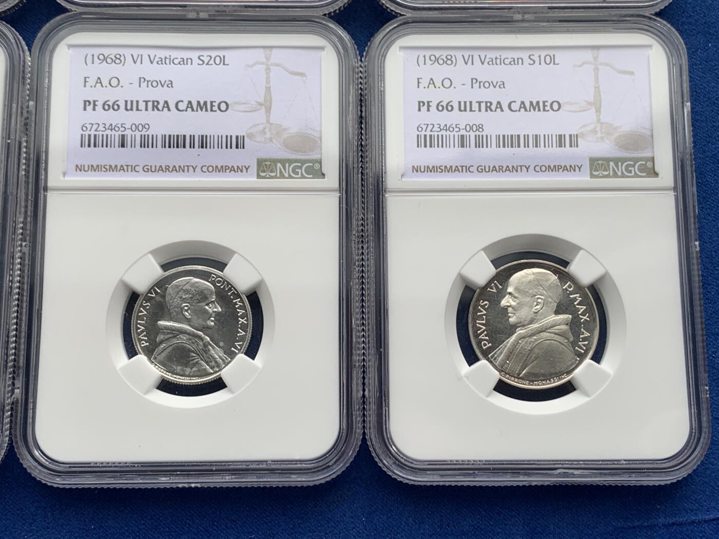 《竞宝斋》第277场- 周日，周一 2场连拍 （全场包邮） NGC PF65-67UC 梵蒂冈1968PROVA精制银样币 罗马造币厂，克书记载103套，实际难得一见。（2023年8月HA成交一套近似的1959年8枚套PROVA样币，成交价1920美金）。此套8枚全部评为深度镜面UC级，且全套冠军分，极品带原盒（有损）。附赠该样币对应的同年份BU级流通套（主币为银币），市场价值160元，相对少见。