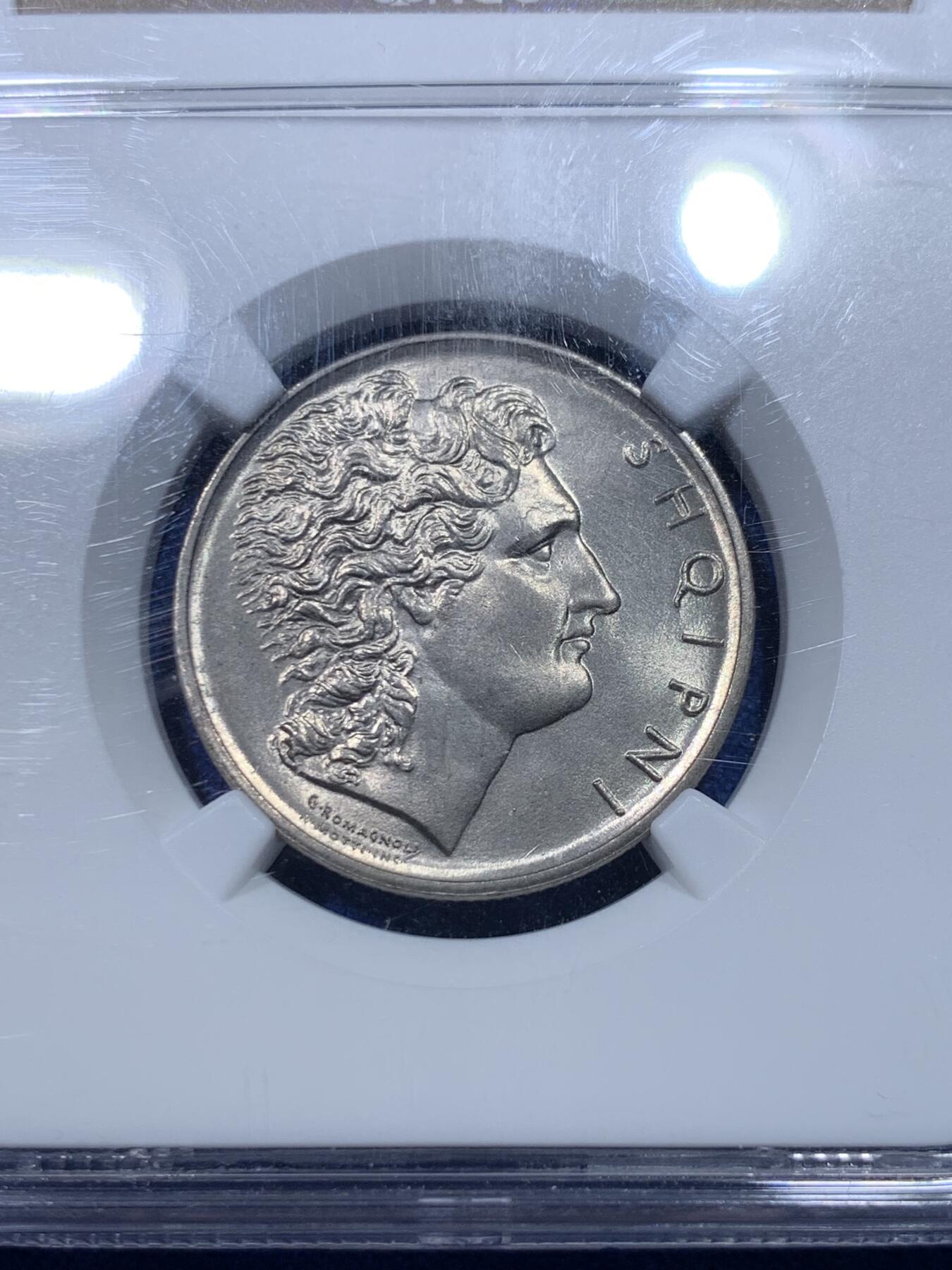 《竞宝斋》第277场- 周日，周一 2场连拍 （全场包邮） NGC MS65 阿尔巴尼亚1926年1列克镍币 顶级高分转光 少见品种