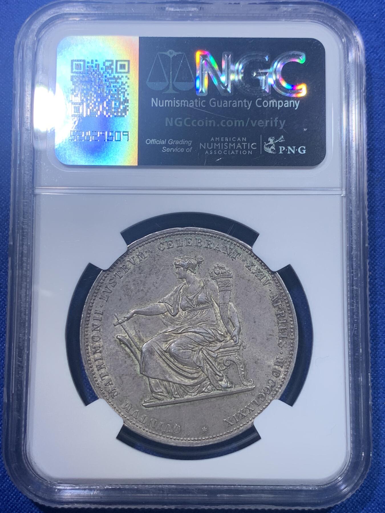 《竞宝斋》第277场- 周日，周一 2场连拍 （全场包邮） NGC MS62 奥地利1879年茜茜公主结婚纪念2弗罗林银币 热门经典品种 状态非常好