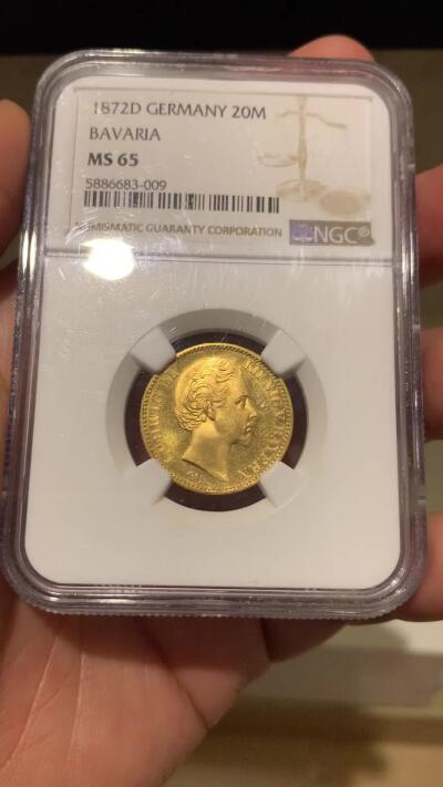 《竞宝斋》第277场- 周日，周一 2场连拍 （全场包邮） 亚军分  NGC MS65 德国 1872 巴伐利亚路德维希二世短翅20马克金币 发行量比1873少了将近一半  流通短翅金马克 中难点