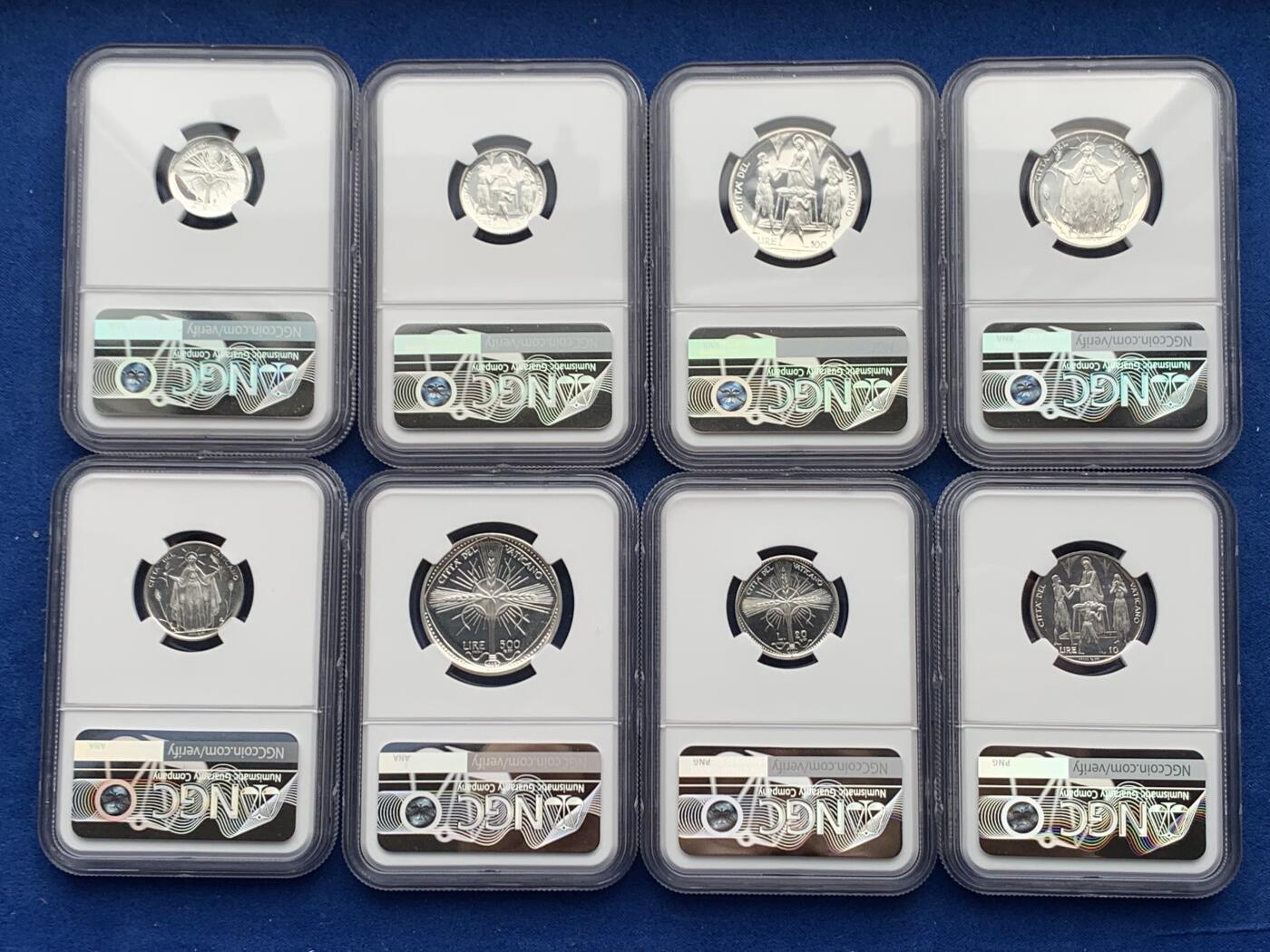 《竞宝斋》第277场- 周日，周一 2场连拍 （全场包邮） NGC PF65-67UC 梵蒂冈1968PROVA精制银样币 罗马造币厂，克书记载103套，实际难得一见。（2023年8月HA成交一套近似的1959年8枚套PROVA样币，成交价1920美金）。此套8枚全部评为深度镜面UC级，且全套冠军分，极品带原盒（有损）。附赠该样币对应的同年份BU级流通套（主币为银币），市场价值160元，相对少见。