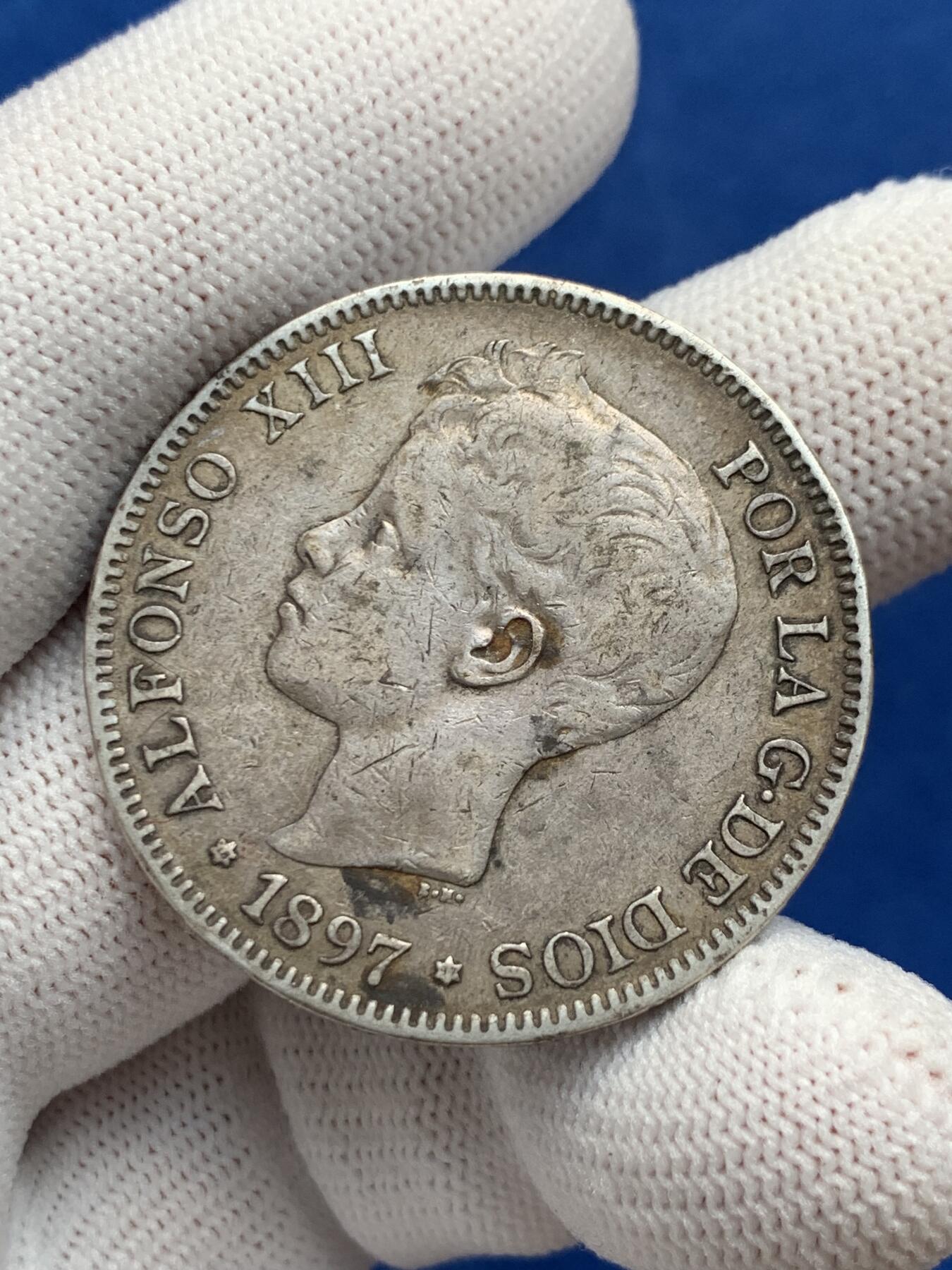 《竞宝斋》第277场- 周日，周一 2场连拍 （全场包邮） 西班牙1897年阿方索十三世5比塞塔银币