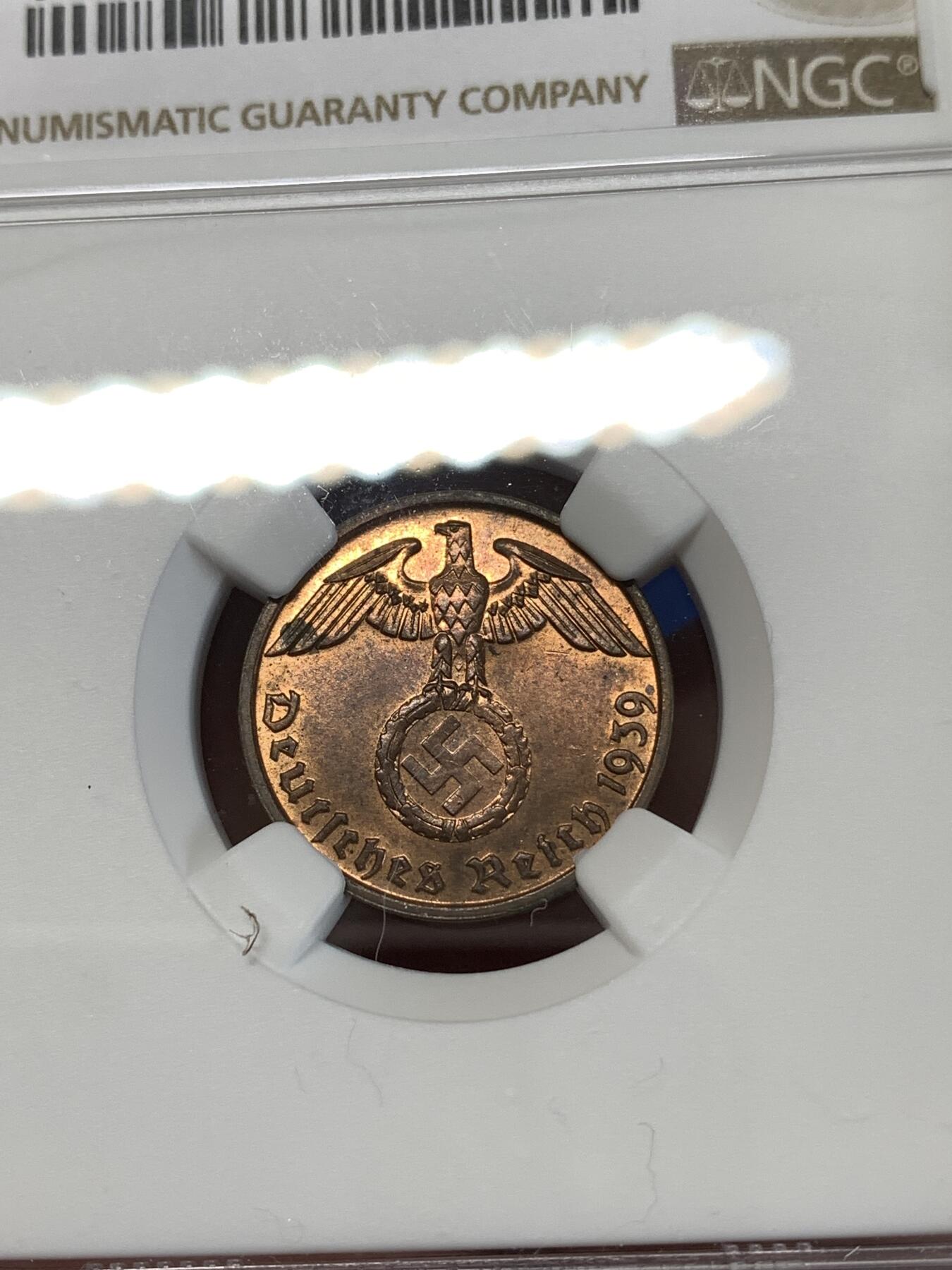 《竞宝斋》第277场- 周日，周一 2场连拍 （全场包邮） NGC MS64RB 1939B德意志第三帝国2芬尼铜币