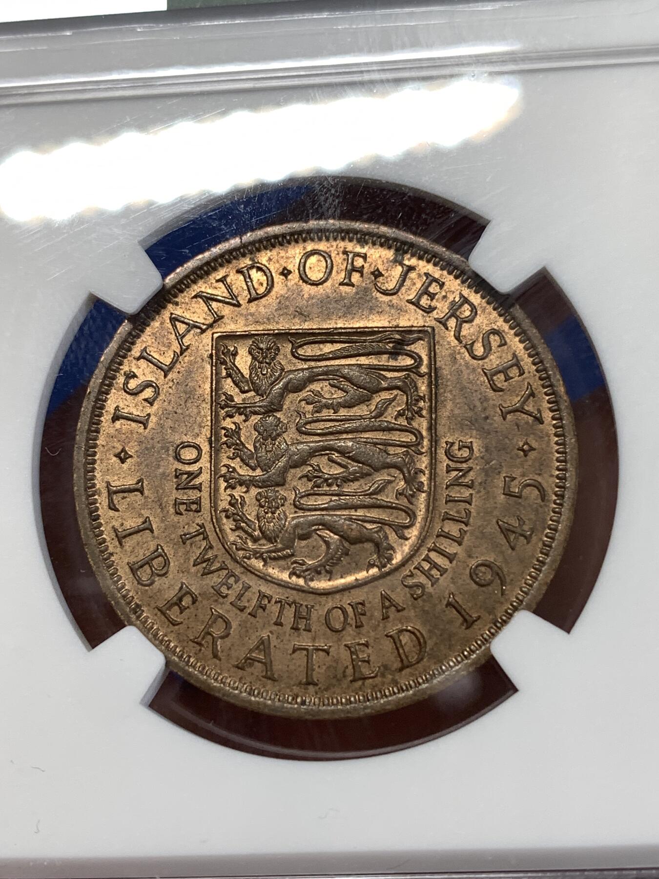 《竞宝斋》第277场- 周日，周一 2场连拍 （全场包邮） NGC MS63BN 英属泽西1945年伊丽莎白二世1/12先令铜币 伊丽莎白二世女王最早年份币 著名骡币