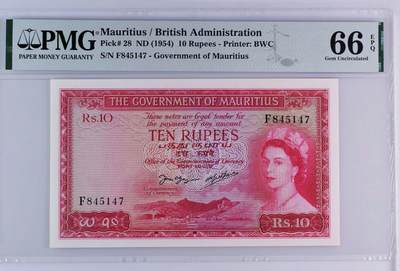 【Blue Auction】✨世界纸币精拍第489期【精】 - 【仅1张更高分 珍品】毛里求斯 1954年10卢比 次高值 PMG66EPQ 高分少见 BWC出品 大冠女王 设计经典 让人爱不释手的一张 女王纸币藏家必收品种