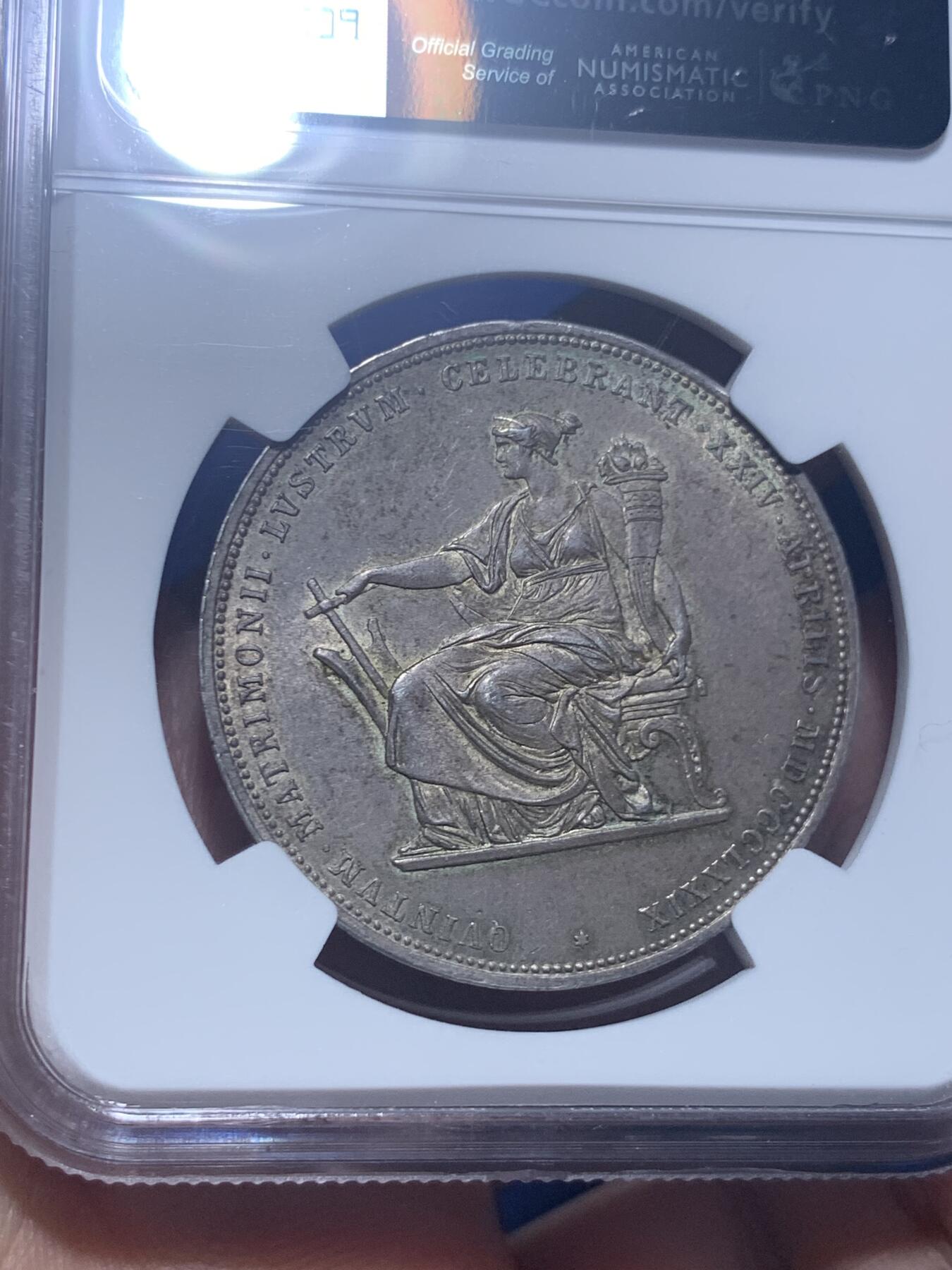 《竞宝斋》第277场- 周日，周一 2场连拍 （全场包邮） NGC MS62 奥地利1879年茜茜公主结婚纪念2弗罗林银币 热门经典品种 状态非常好