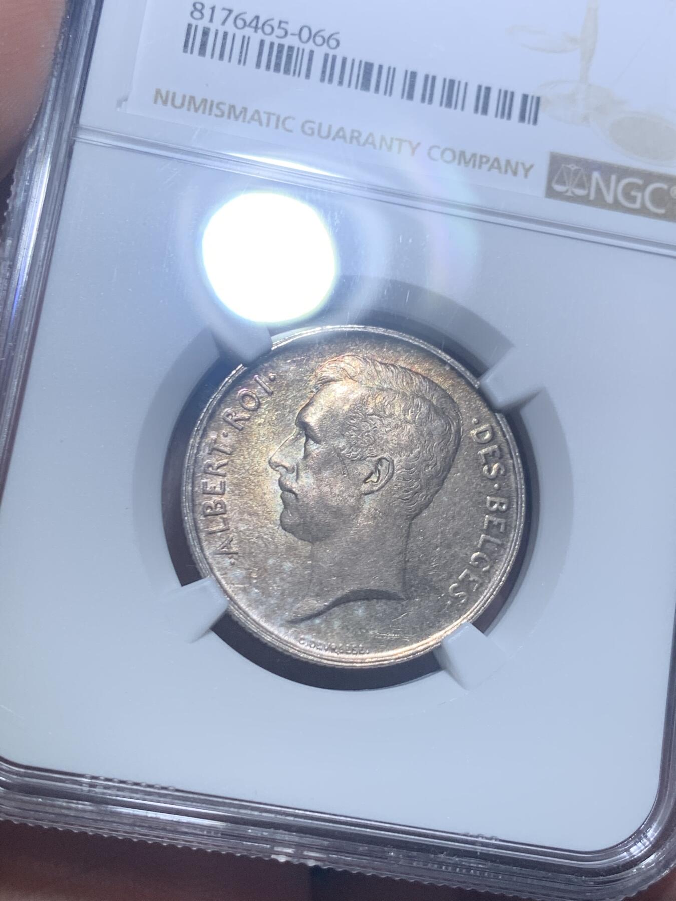 《竞宝斋》第277场- 周日，周一 2场连拍 （全场包邮） NGC MS63 比利时1911年阿尔贝托国王2法郎银币