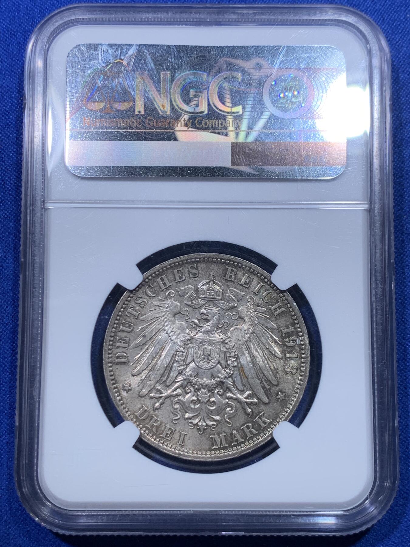 《竞宝斋》第277场- 周日，周一 2场连拍 （全场包邮） NGC UNCD 德国萨克森1913年莱比锡纪念碑3马克银币 孔雀蓝绿彩