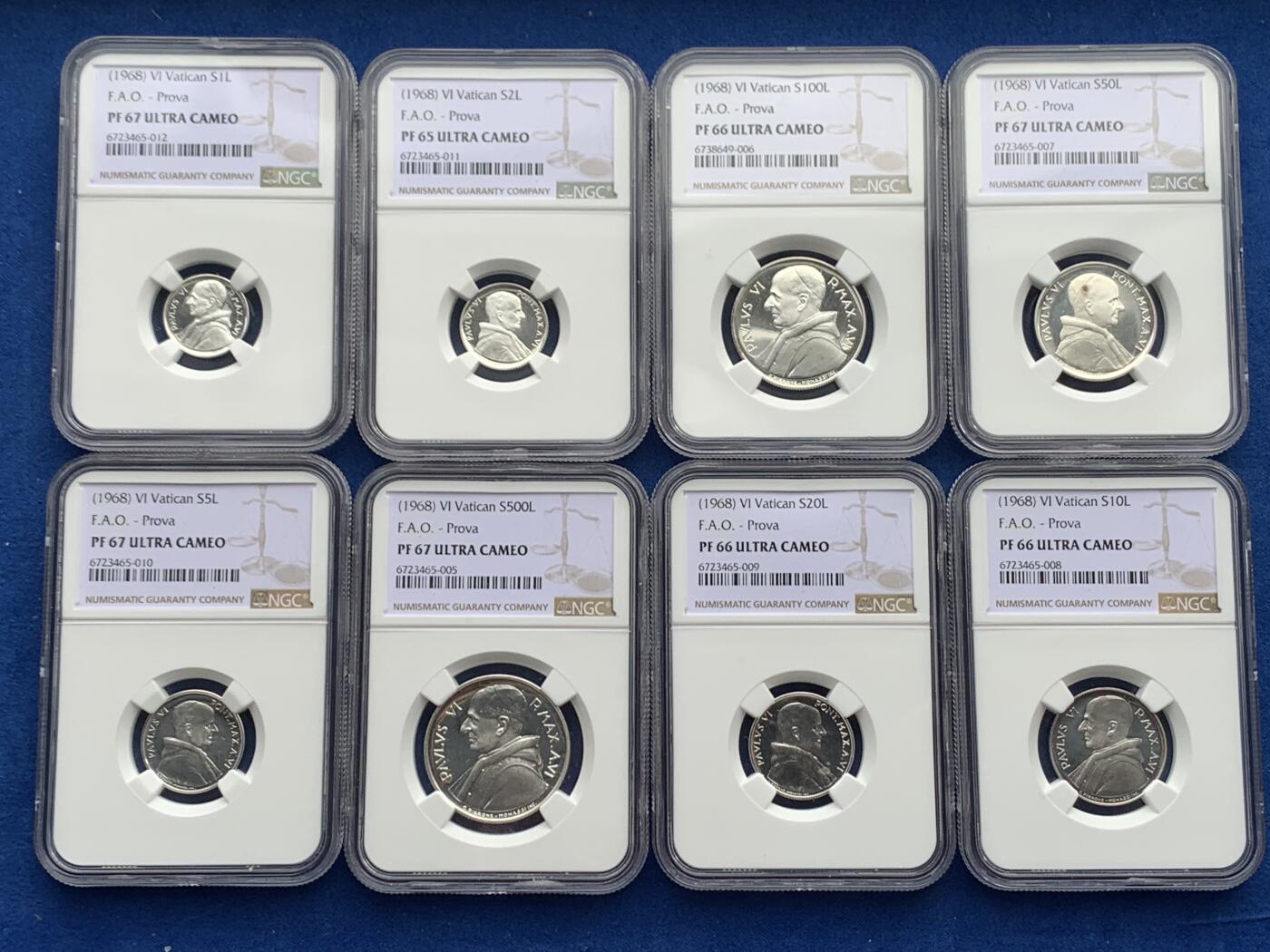《竞宝斋》第277场- 周日，周一 2场连拍 （全场包邮） NGC PF65-67UC 梵蒂冈1968PROVA精制银样币 罗马造币厂，克书记载103套，实际难得一见。（2023年8月HA成交一套近似的1959年8枚套PROVA样币，成交价1920美金）。此套8枚全部评为深度镜面UC级，且全套冠军分，极品带原盒（有损）。附赠该样币对应的同年份BU级流通套（主币为银币），市场价值160元，相对少见。