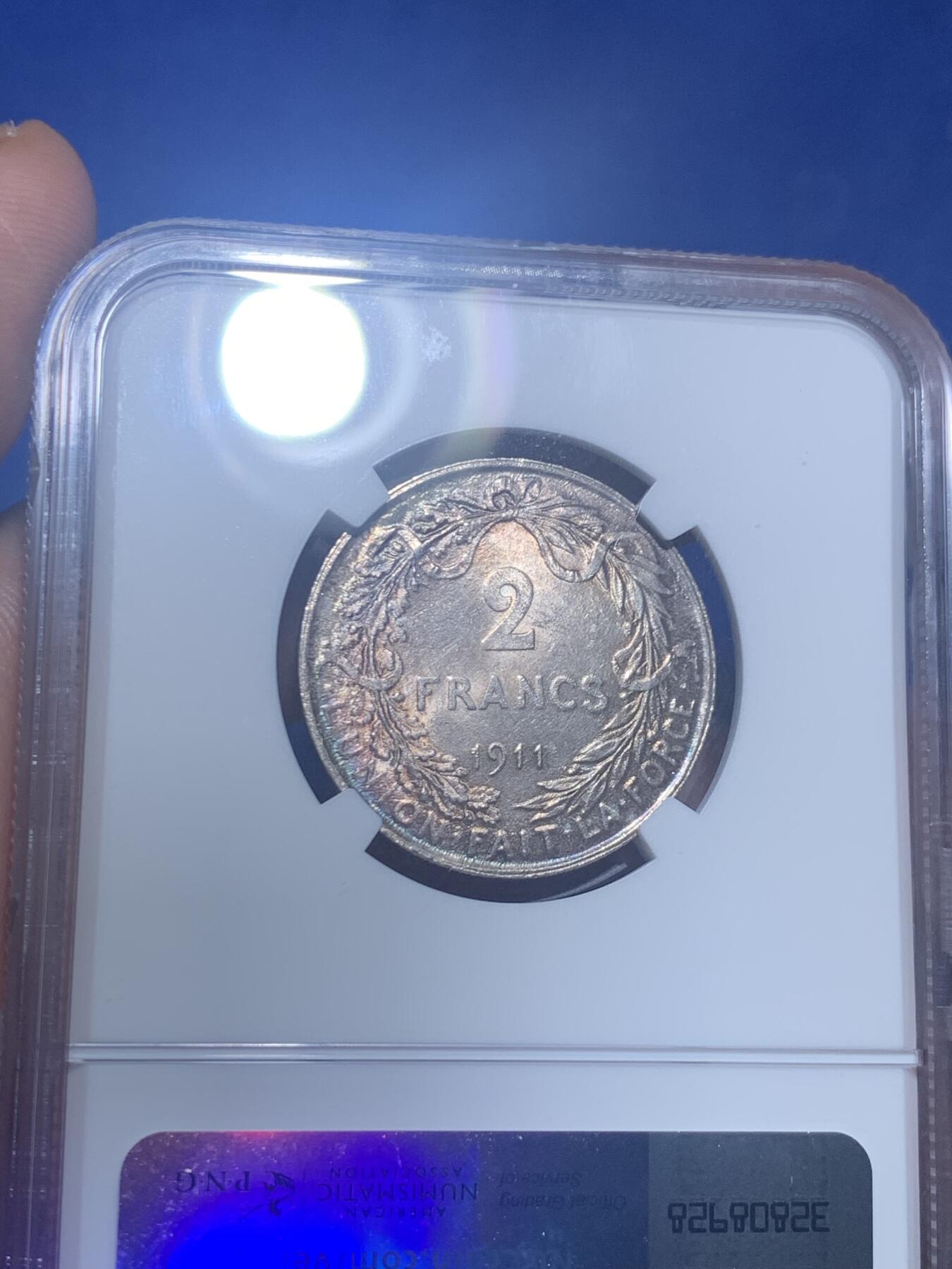 《竞宝斋》第277场- 周日，周一 2场连拍 （全场包邮） NGC MS63 比利时1911年阿尔贝托国王2法郎银币