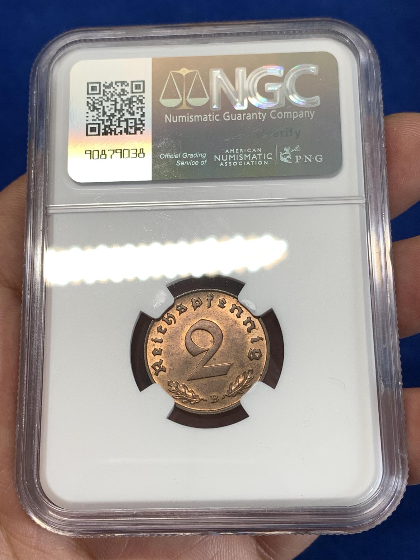 《竞宝斋》第277场- 周日，周一 2场连拍 （全场包邮） NGC MS64RB 1939B德意志第三帝国2芬尼铜币