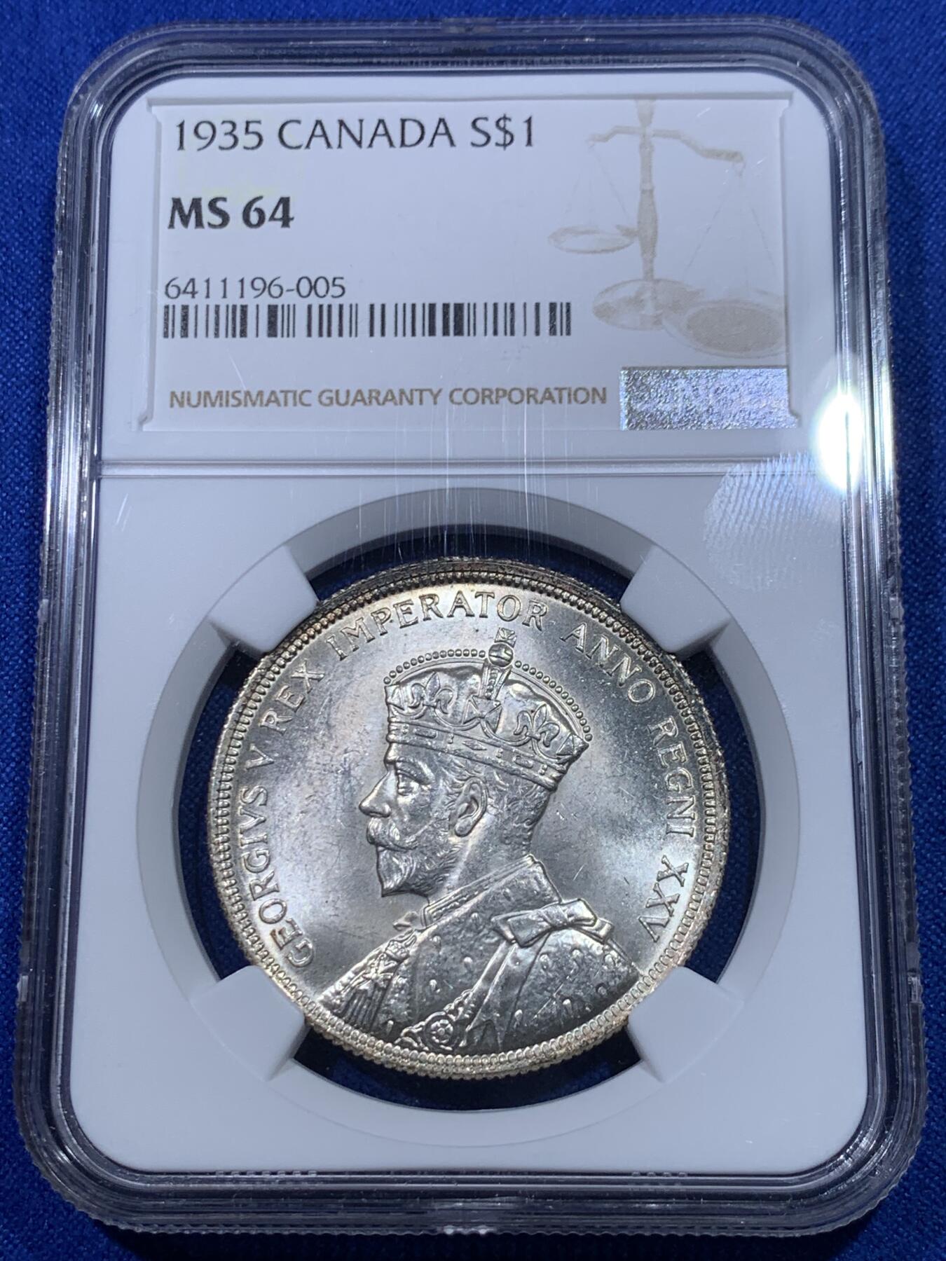 《竞宝斋》第277场- 周日，周一 2场连拍 （全场包邮） NGC MS64 加拿大1935年乔治五世1元银币