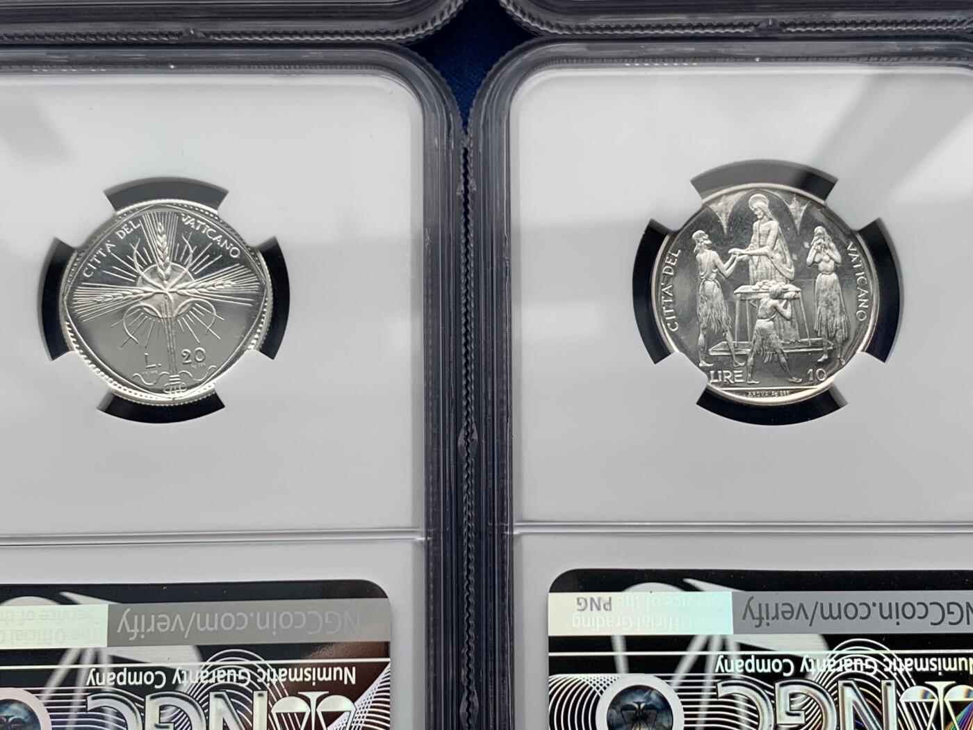 《竞宝斋》第277场- 周日，周一 2场连拍 （全场包邮） NGC PF65-67UC 梵蒂冈1968PROVA精制银样币 罗马造币厂，克书记载103套，实际难得一见。（2023年8月HA成交一套近似的1959年8枚套PROVA样币，成交价1920美金）。此套8枚全部评为深度镜面UC级，且全套冠军分，极品带原盒（有损）。附赠该样币对应的同年份BU级流通套（主币为银币），市场价值160元，相对少见。